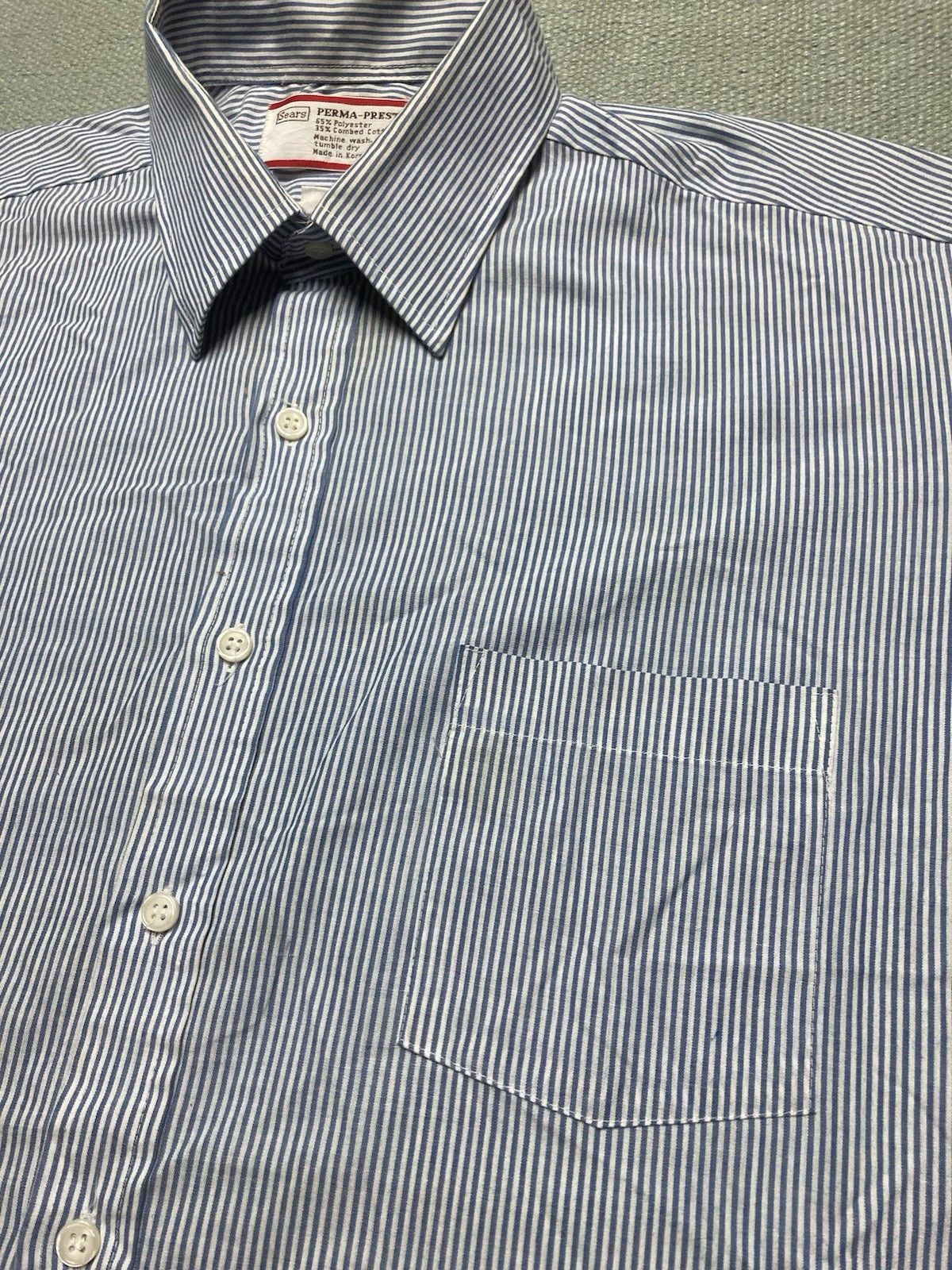 Vintage 80s button shirt Sears poly cotton pinstripe blue men’s XL Size US XL / EU 56 / 4 - 2 Thumbnail