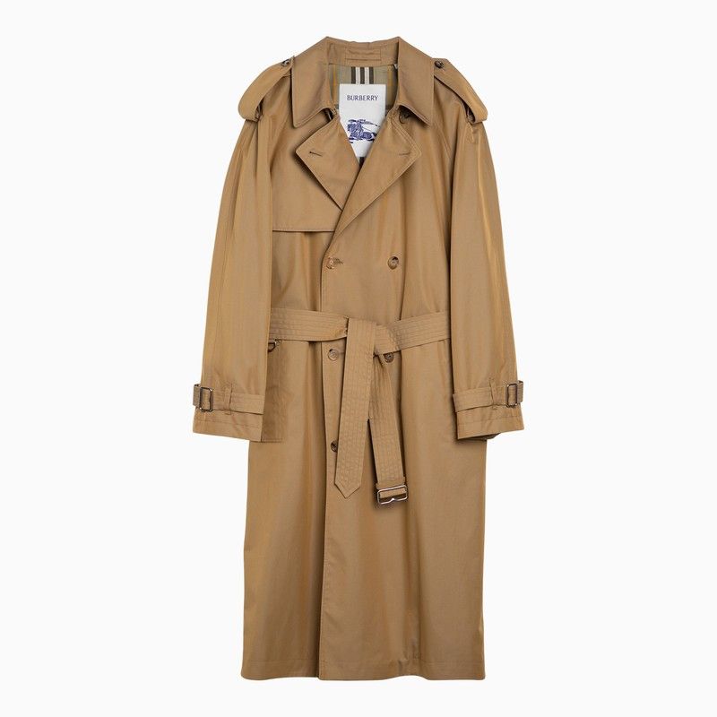 image of Burberry Long Double-Breasted Spelt Cotton Trench Coat in Green, Men's (Size XL)