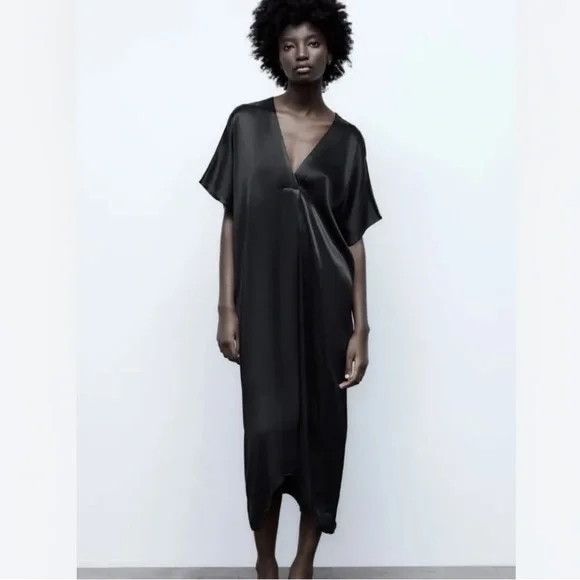 Zara Zara Black Satin Effect V-Neck Tunic Dress Size S / US 4 / IT 40 - 2 Thumbnail