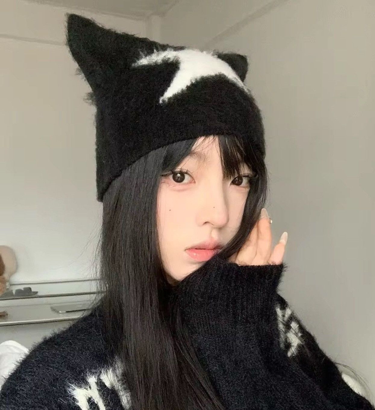 Japanese Brand Kawaii Knitted Star Pattern Cat Ear Beanies Hat Size ONE SIZE - 2 Thumbnail