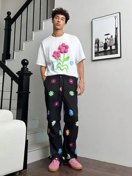 Japanese Brand × Vintage Flowered Loose fit baggy drill y2k CentralCee sweatpants Size US 34 / EU 50 - 2 Thumbnail