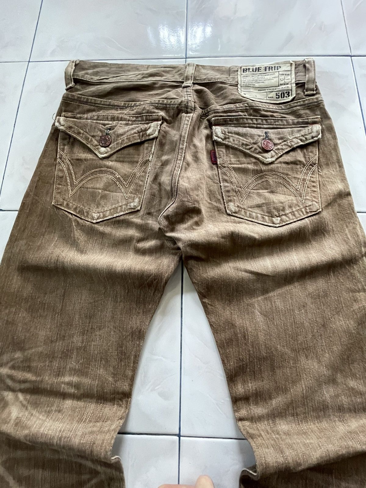Edwin × Le Grande Bleu (L.G.B.) × Vintage Vintage Edwin 503 Flare Brown Faded Whiskers Man Jeans Size US 31 - 16 Thumbnail