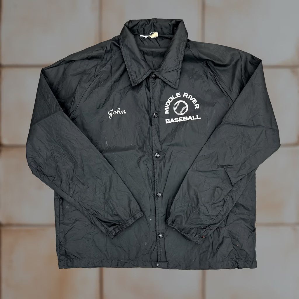 Vintage VINTAGE American Living Nylon Distressed Jacket Baseball L Black 70s Chain Stitched John Middle River Casual Mens Woman? Size US L / EU 52-54 / 3 - 1 Thumbnail