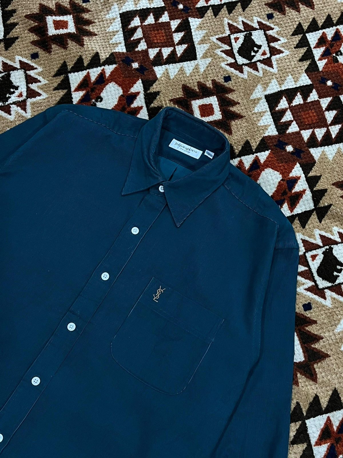 Yves Saint Laurent YSL Dark Green Corduroy Button Shirt Size US L / EU 52-54 / 3 - 2 Thumbnail