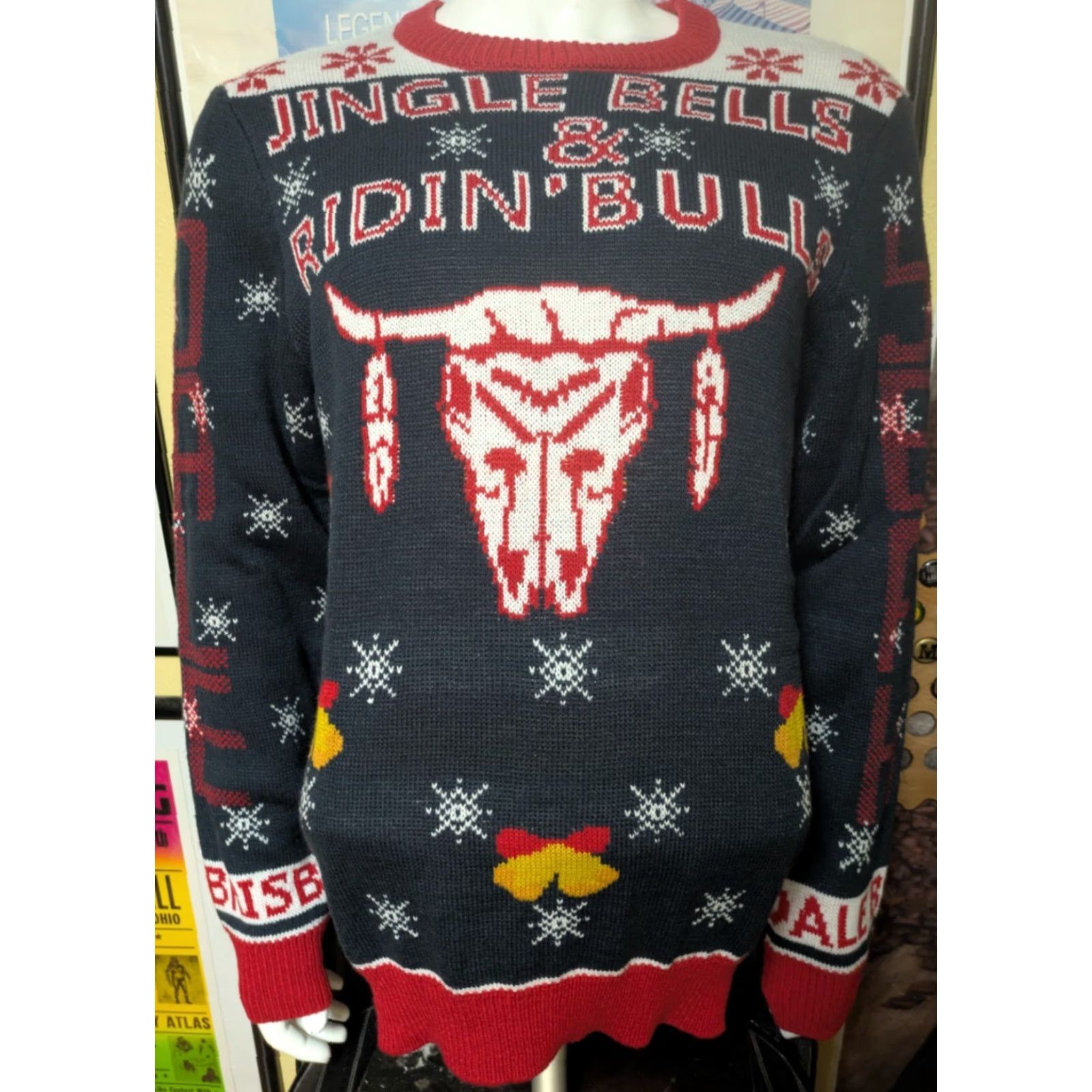 Denime Rock & Roll Denim Sweater Men Medium Dale Brisby Holiday Jingle Bells & Ridin' Bulls Blue Size US M / EU 48-50 / 2 - 2 Thumbnail