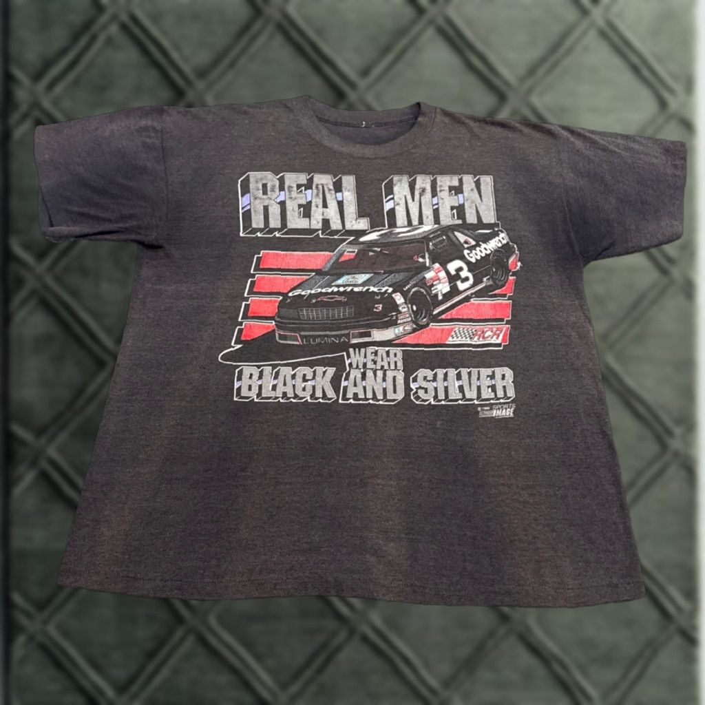 NASCAR VINTAGE Dale Earnhardt Real Men Wear Black Silver Tee NASCAR Shirt Mens L Black 1990s Size US L / EU 52-54 / 3 - 1 Thumbnail