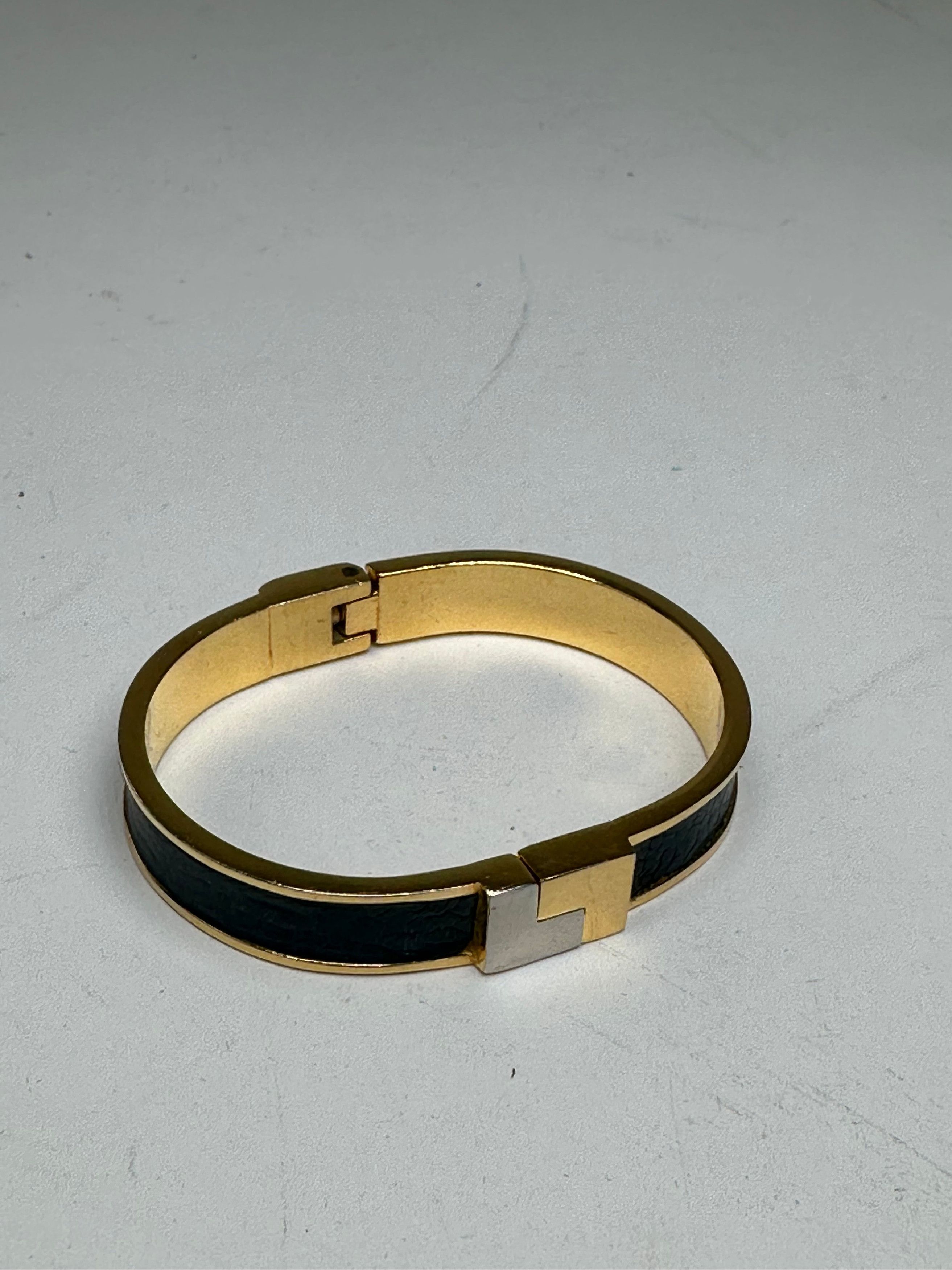 Loewe Vintage Anagram Hinged Bangle Bracelet Gold-Tone Black Leath Size ONE SIZE - 1 Thumbnail