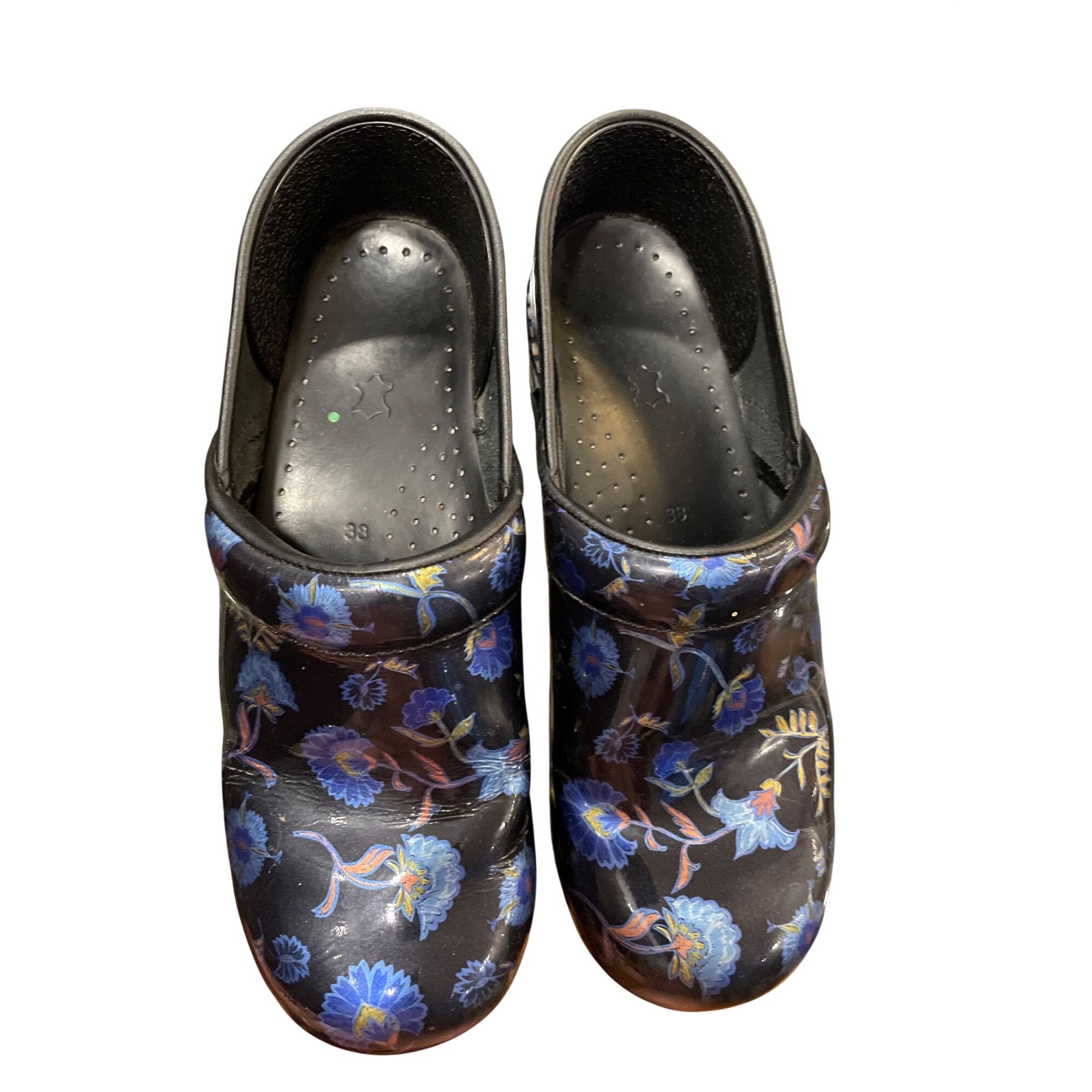 Dansko Dansko wms black blue floral leather nursing mules clogs sz Size US 7.5 / IT 37.5 - 15 Thumbnail