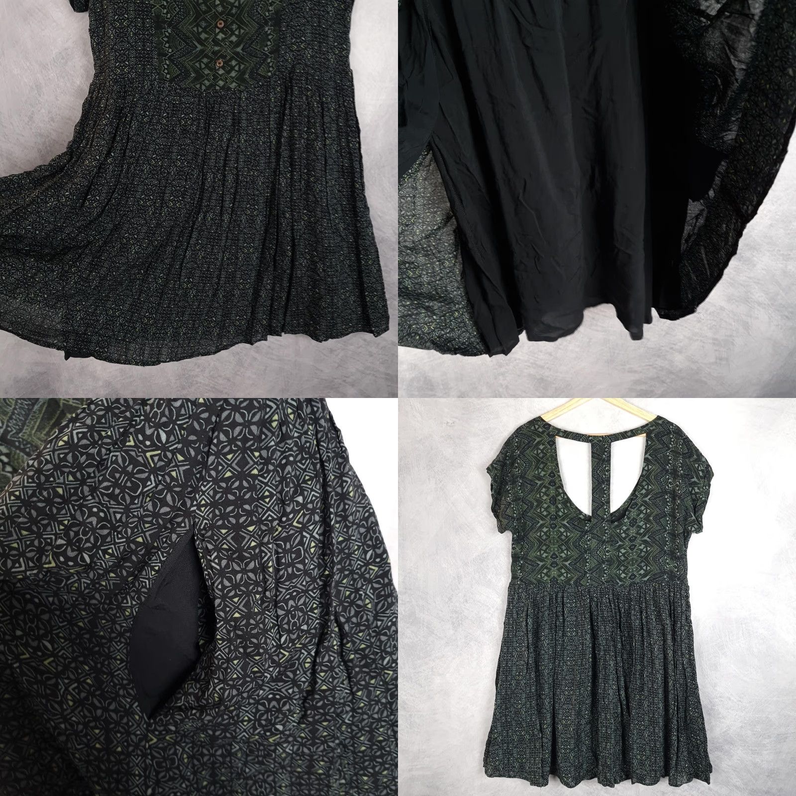 Free People Free People Dress Womens L Green Geometric Trapeze Swing Mini Scoop Back Cap Sleeve Pockets Size L / US 10 / IT 46 - 9 Thumbnail
