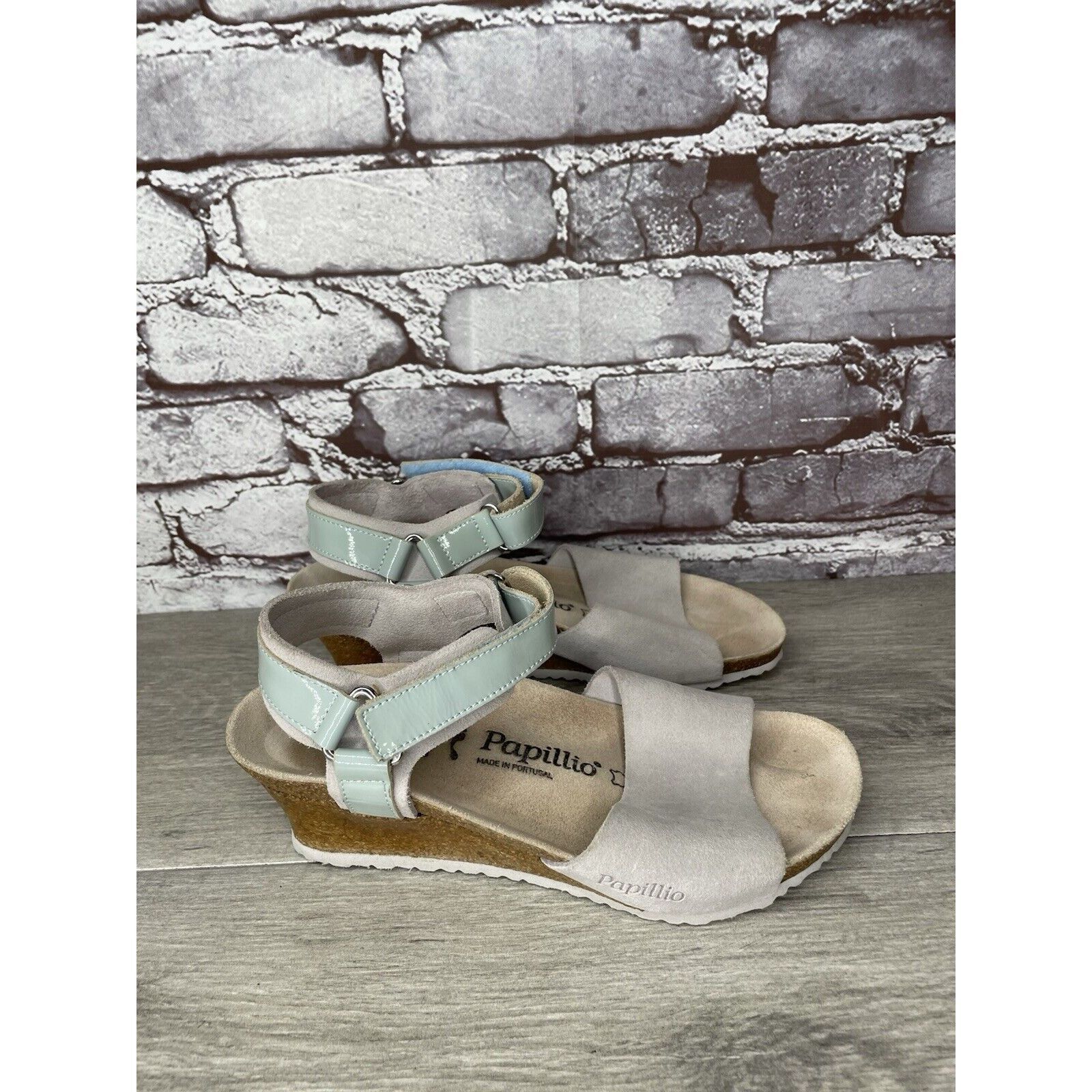 Birkenstock Papillio Grey Nubuck Suede Teal Patent Cork Wedg
