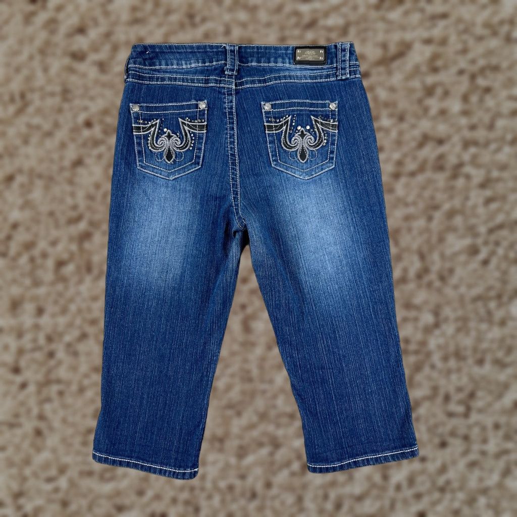 Vintage One 5 One Womens Jeans Capri 10 Blue Denim Embroidered Bling Cotton Blend Size 32" / US 10 / IT 46 - 1 Thumbnail