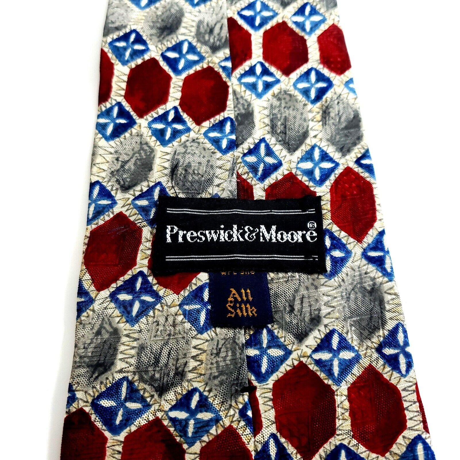Designer Preswick & Moore Tan Red Blue Geometric Print Wide Silk Tie Size ONE SIZE - 3 Thumbnail