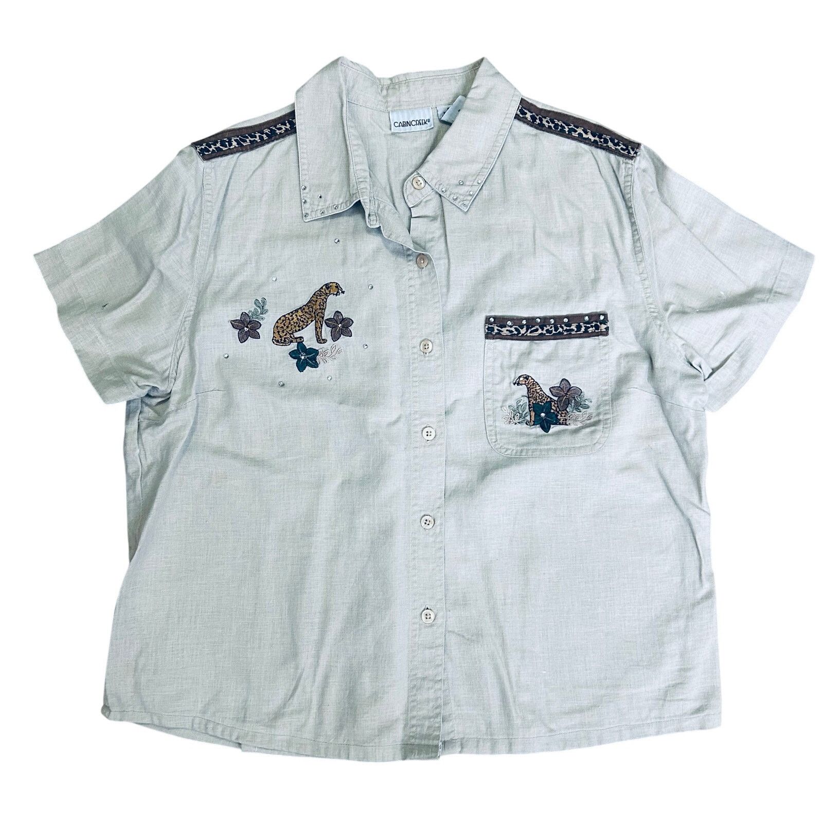 Cabin Creek × Vintage Vintage Safari Shirt Button Up Linen Animal Print Rhinestone Size L / US 10 / IT 46 - 1 Thumbnail