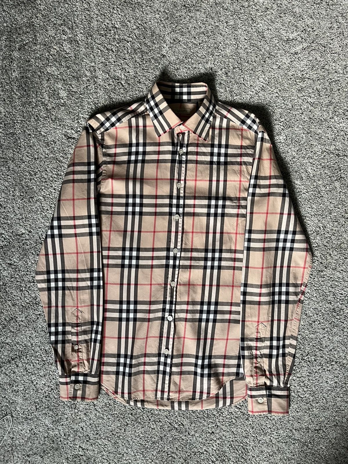 image of Burberry Plaid Button Up Long Sleeve in Cream, Men's (Size Small)