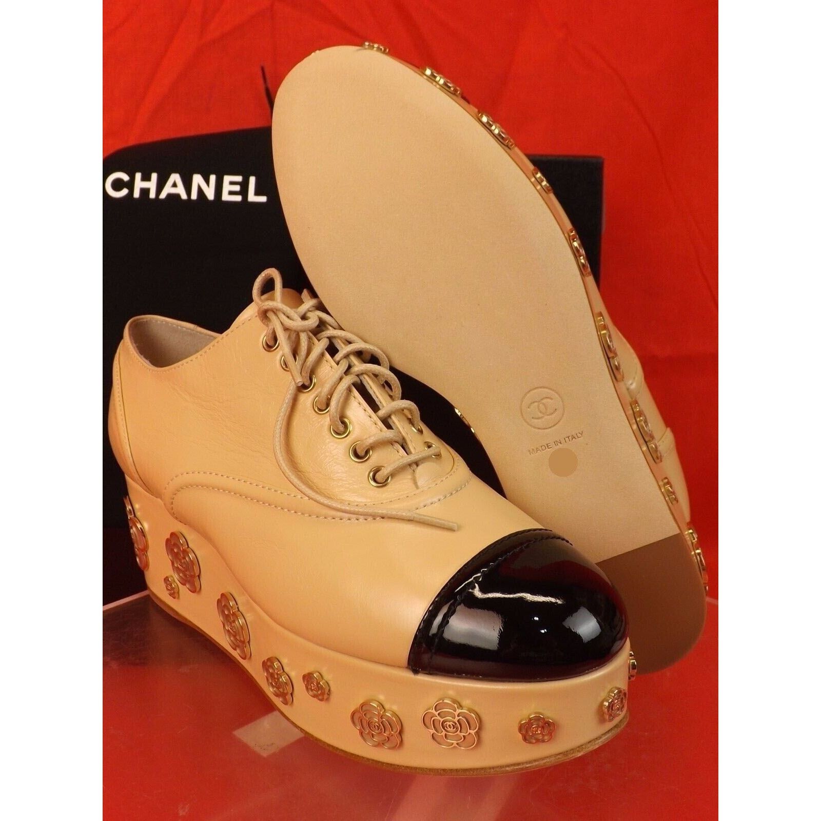 Chanel CHANEL G3172 BEIGE LEATHER CAMELLIA CC PLATFORM OXFORDS 39.5 Size US 9.5 / IT 39.5 - 11 Thumbnail