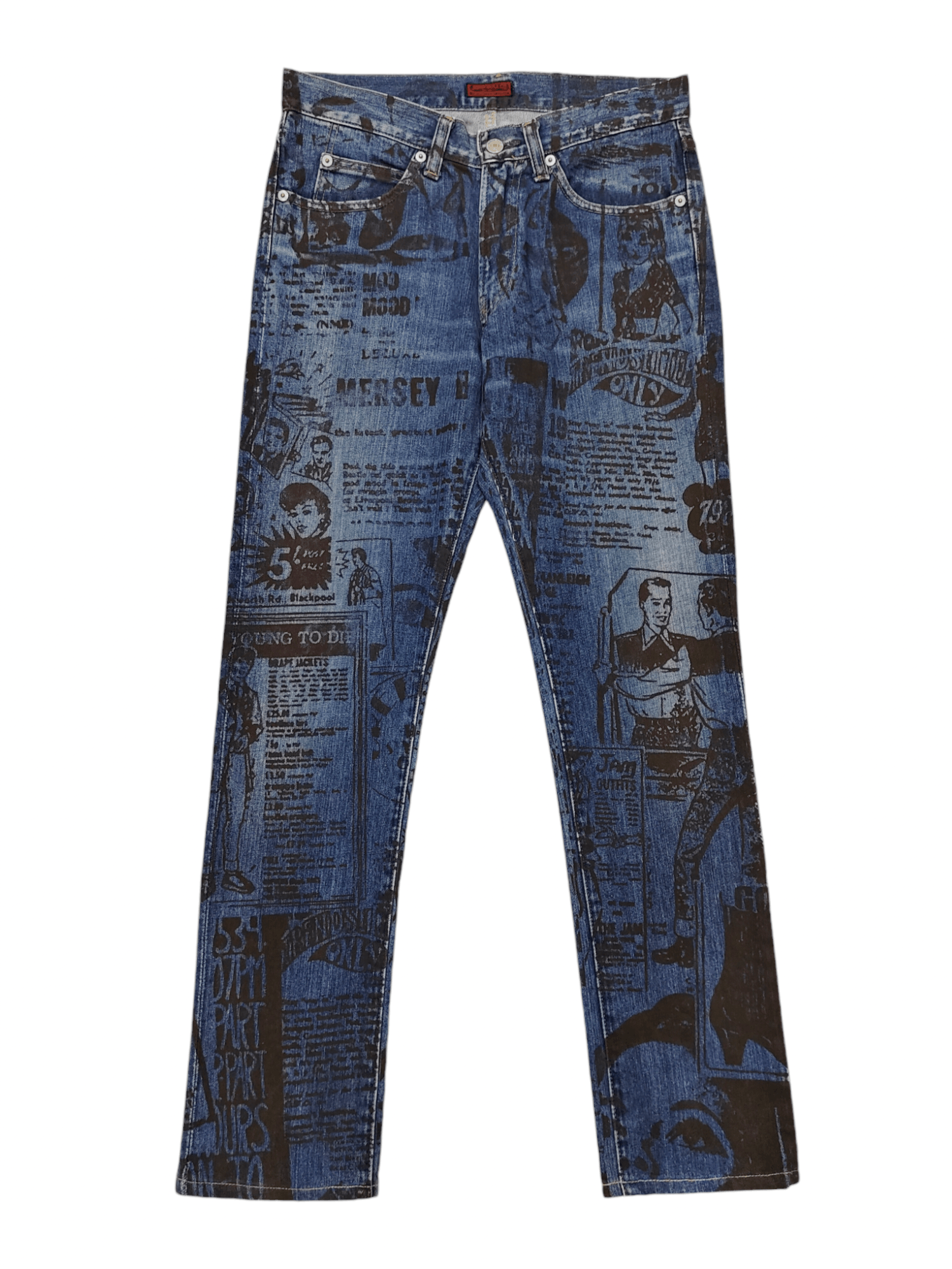 Johnbull Johnbull🇯🇵 AOP Newspaper Graphic Slim Straight Jeans Size US 30 / EU 46 - 2 Thumbnail