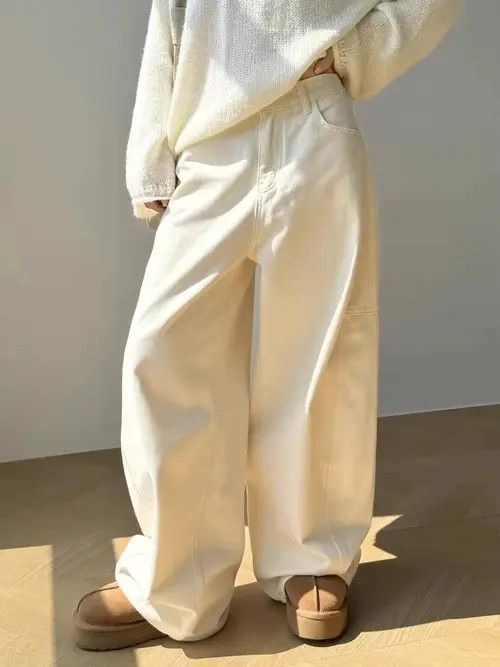Designer Baggy Boxy Streetwear Straight Cream White Jeans Pants Size 25" / US 0 / IT 36 - 1 Thumbnail