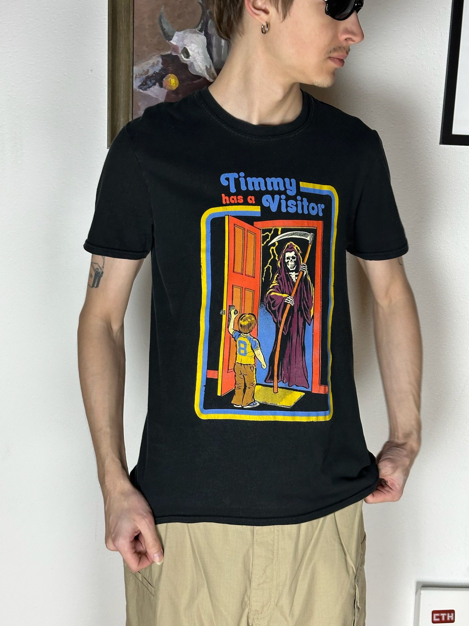 Vintage Steven Rhodes art tee skull skeleton thunder horror
