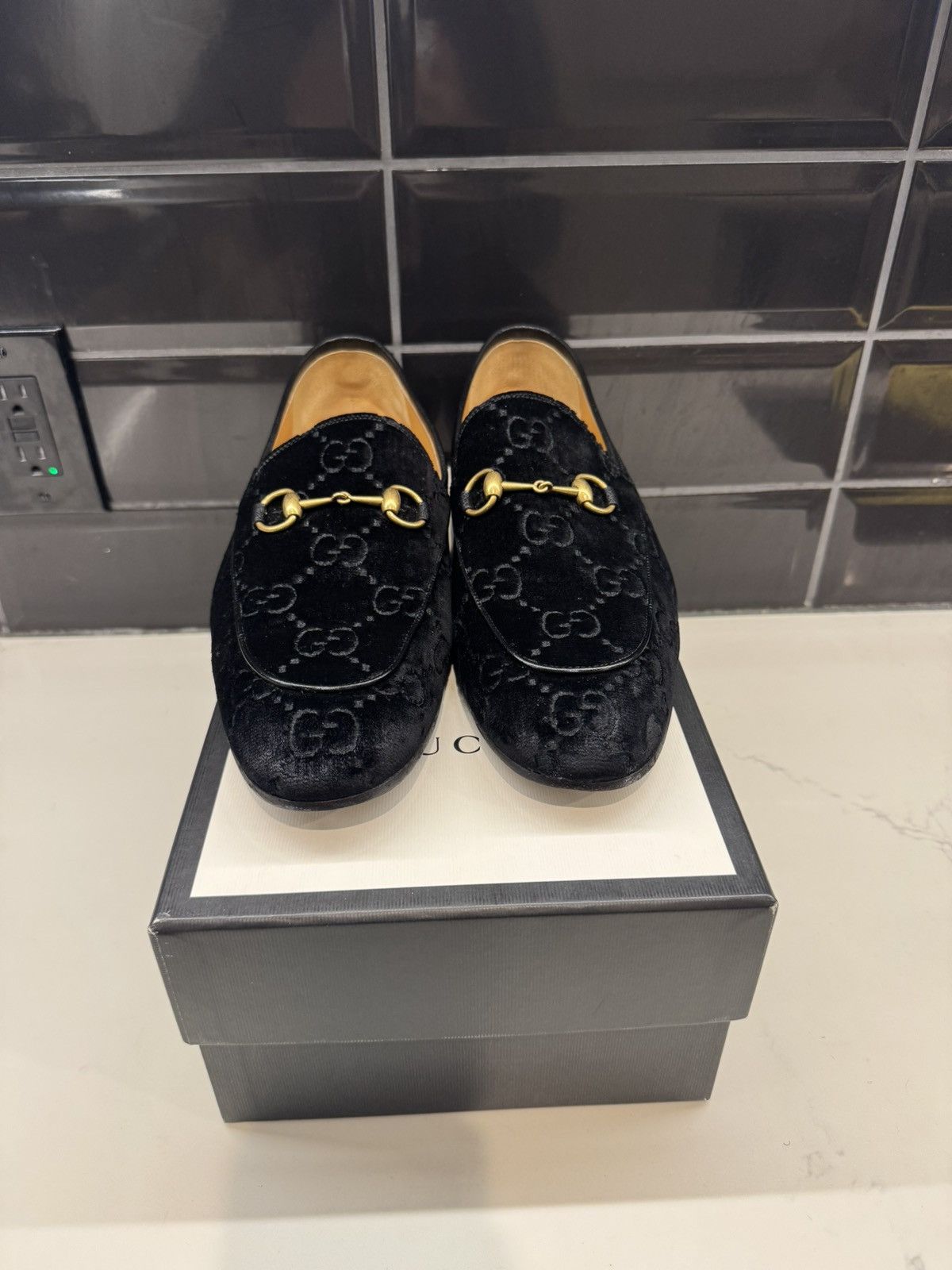 Gucci Gucci JordaanGG Velvet Loafers Black Monogram Gold Horsebit Size US 13 / EU 46 - 1 Thumbnail