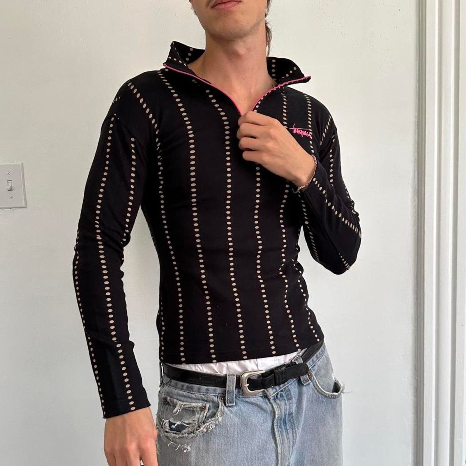 Vintage Vintage Y2K Striped Polka Dot Pink Longsleeve Quarterzip Top Size XS / US 0-2 / IT 36-38 - 3 Thumbnail