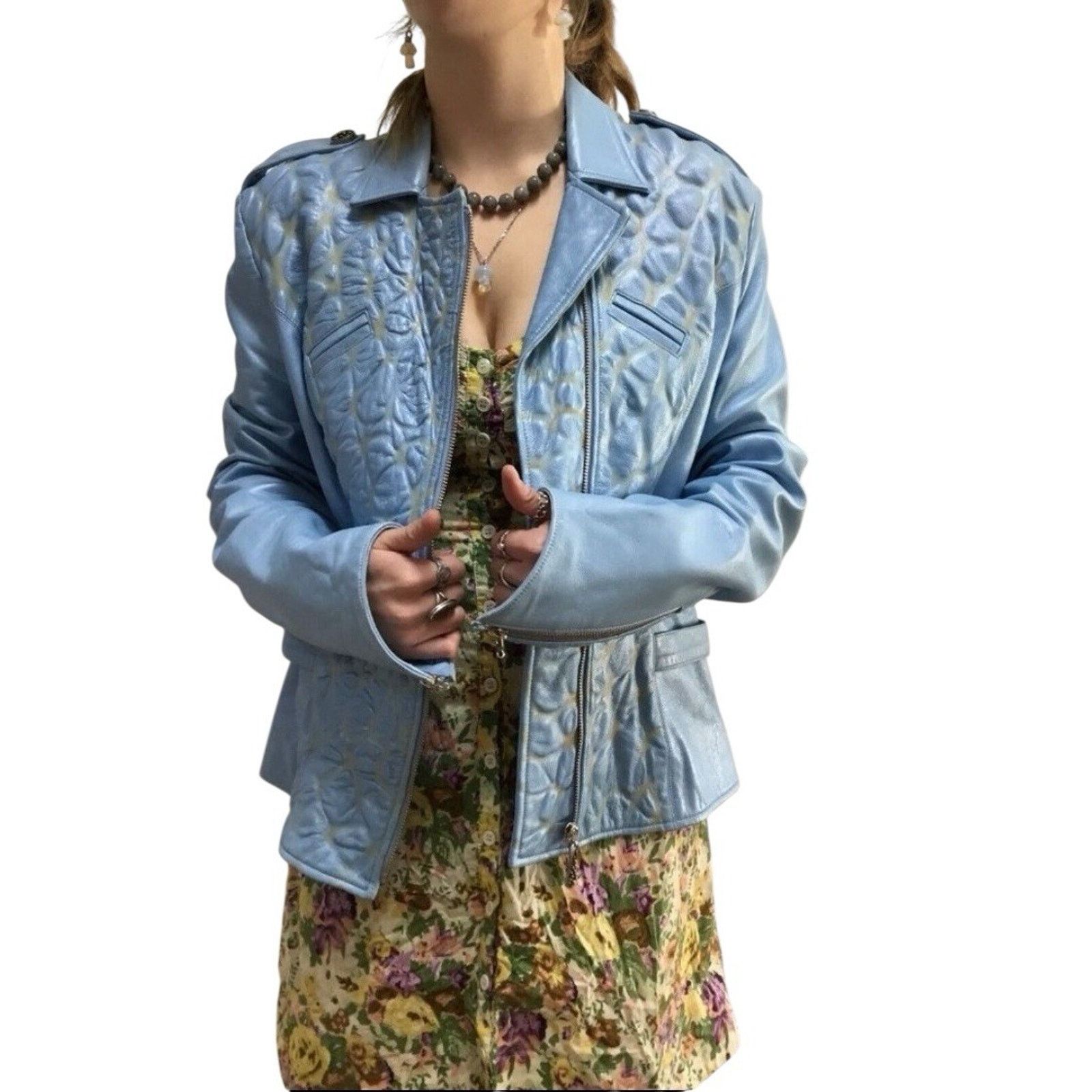 Vintage 90s Kaptain Celebrity Design M Blue Leather Moto Jacket Size M / US 6-8 / IT 42-44 - 1 Thumbnail