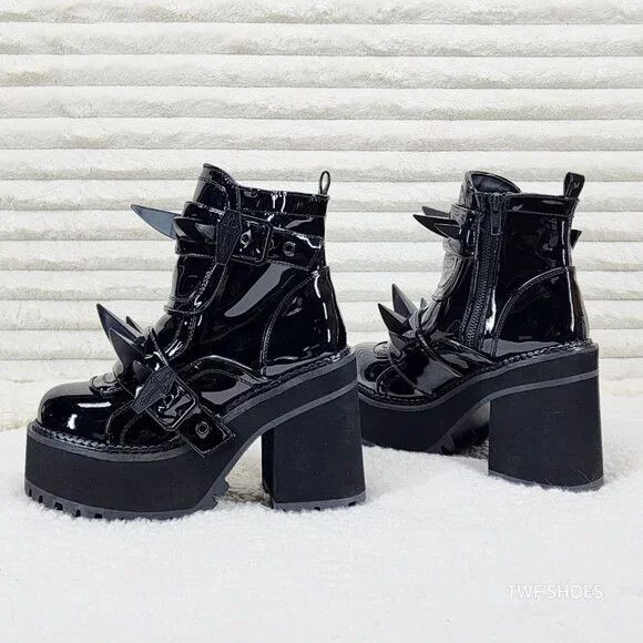 DEMONIA Assault Black Patent Claw Spiked Platform Ankle Boot