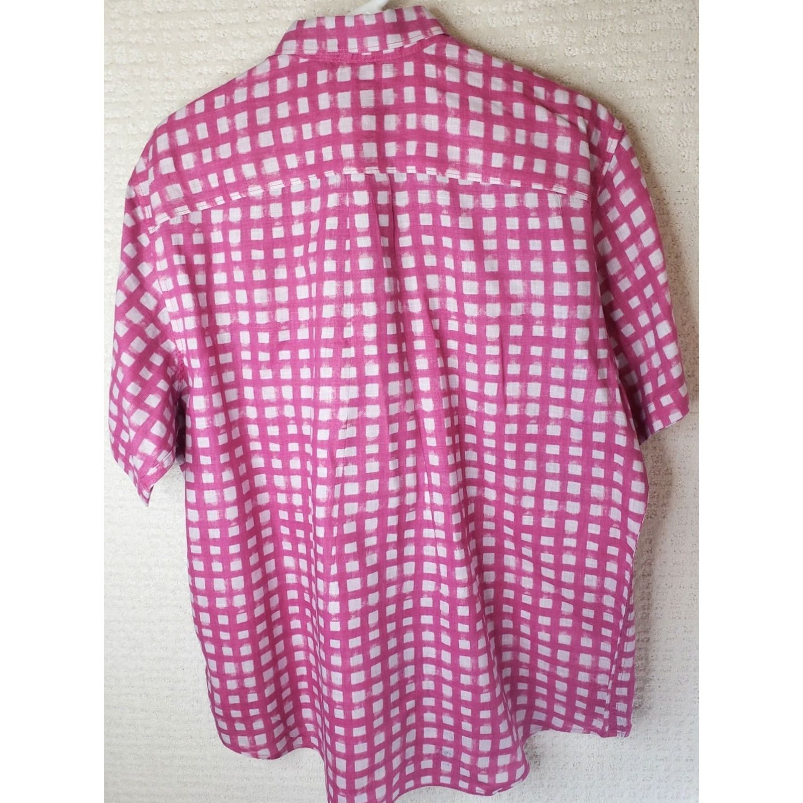 Lands' End Lands' End Linen Shirt Short Sleeve Button-Up Pink/White Check L Men’s Classic Fit 100% Linen breathable Casual Party/Cocktail Travel Size US L / EU 52-54 / 3 - 7 Thumbnail