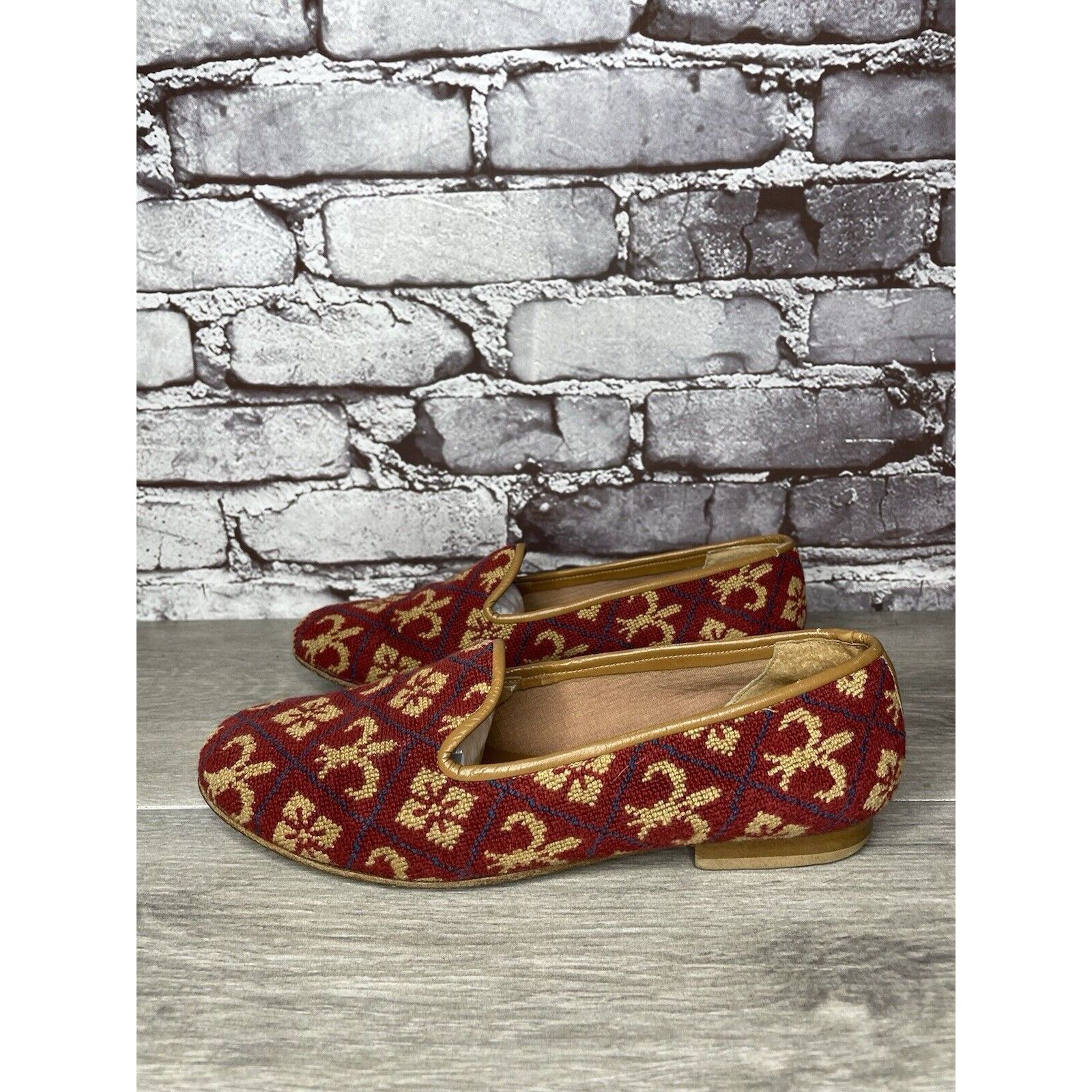Other Zalo Red Fabric Gold Pattern Slip On Needle Loafers Shoes Wo Size US 7.5 / IT 37.5 - 20 Thumbnail