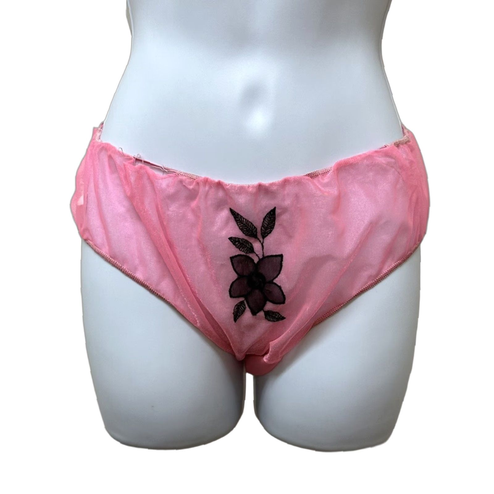 Etro VINTAGE Pink Sheer Nylon Gusset Black Floral Applique Panties Size L Size 36" / US 14 / IT 50 - 1 Thumbnail