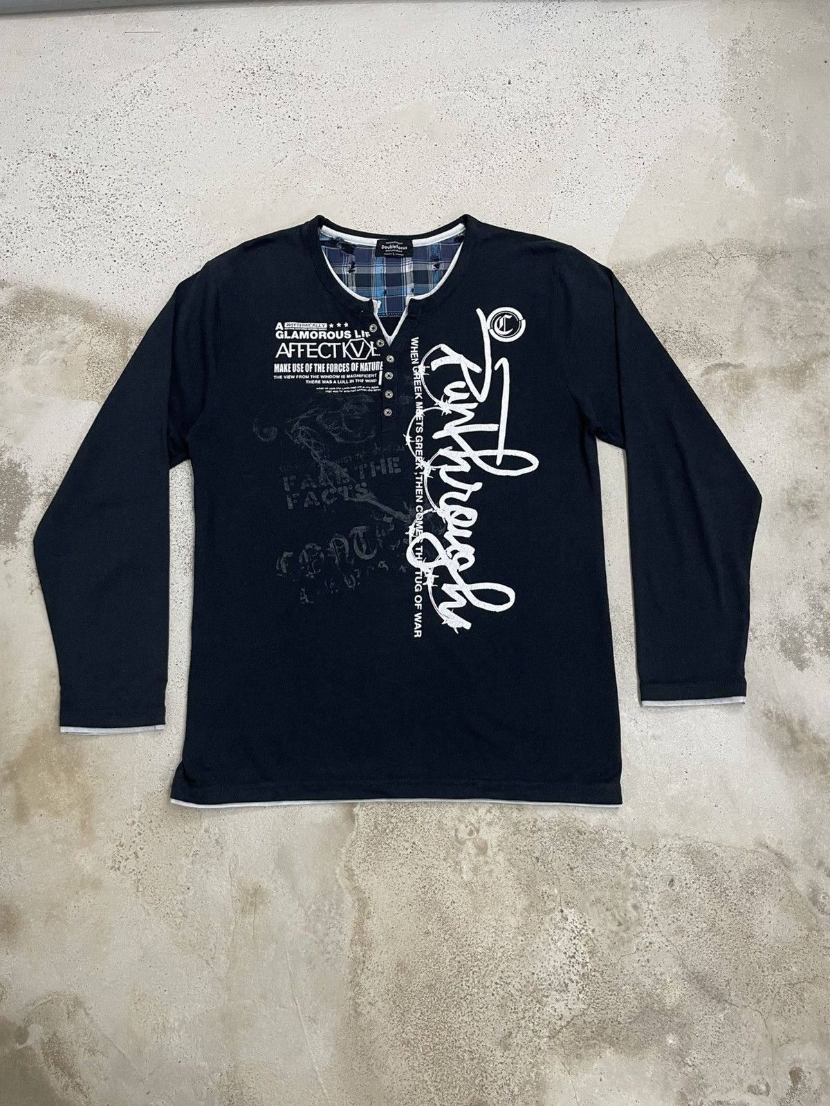 Japanese Brand Doublefocus Layered Y2K Graffiti Wording Tartan Button Neck Size US L / EU 52-54 / 3 - 3 Thumbnail