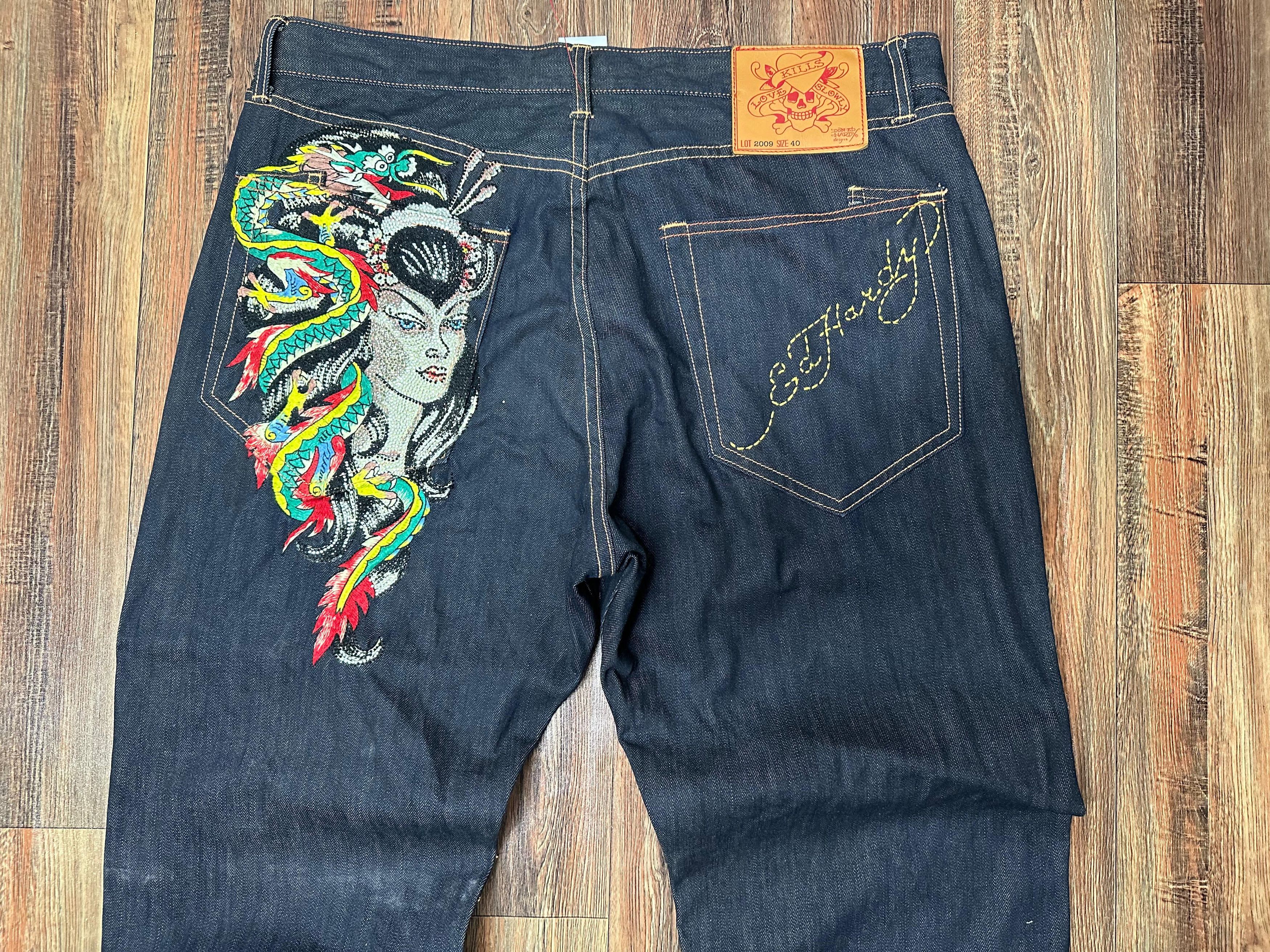 Christian Audigier × Ed Hardy × Vintage ED HARDY JEAN'S GORGEOUS DRAGON LADY ON THE BACK OF 40×34 Size US 40 / EU 56 - 4 Thumbnail