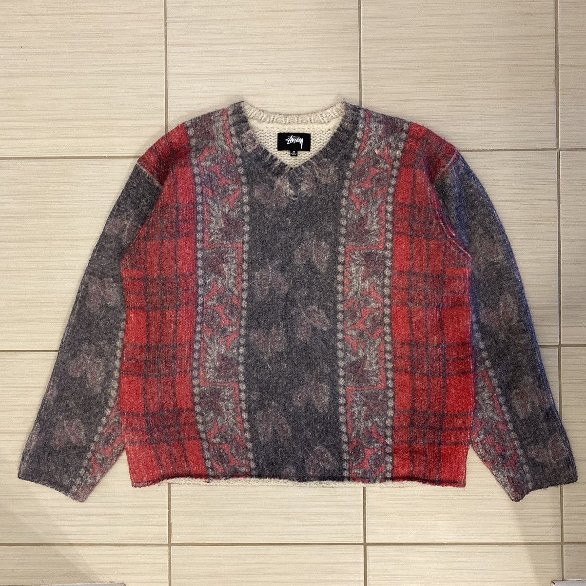image of Stussy Mixed Print Alpaca Sweater ‘Multicolor’ in Red, Men's (Size Medium)