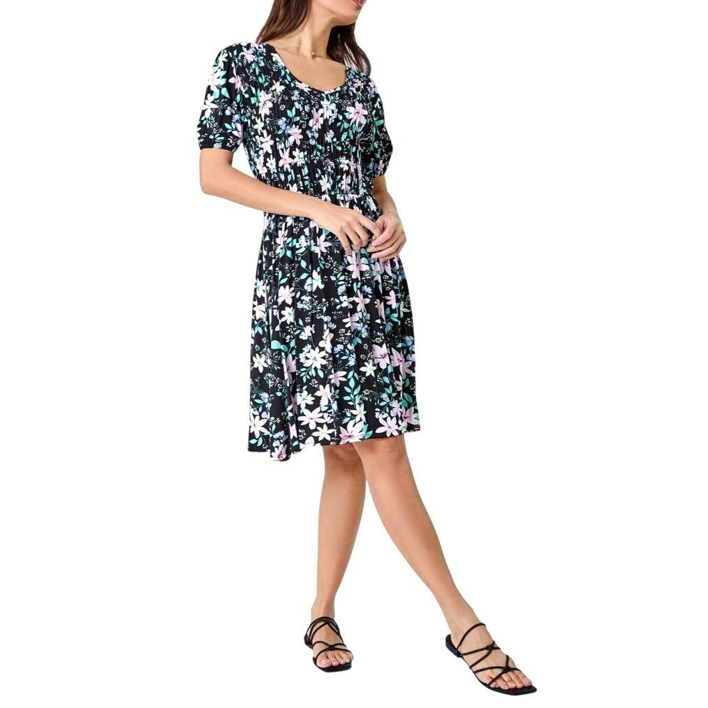 Other Black Pink Floral Short Sleeve Round Neck Shirred Dress Size L / US 10 / IT 46 - 1 Thumbnail