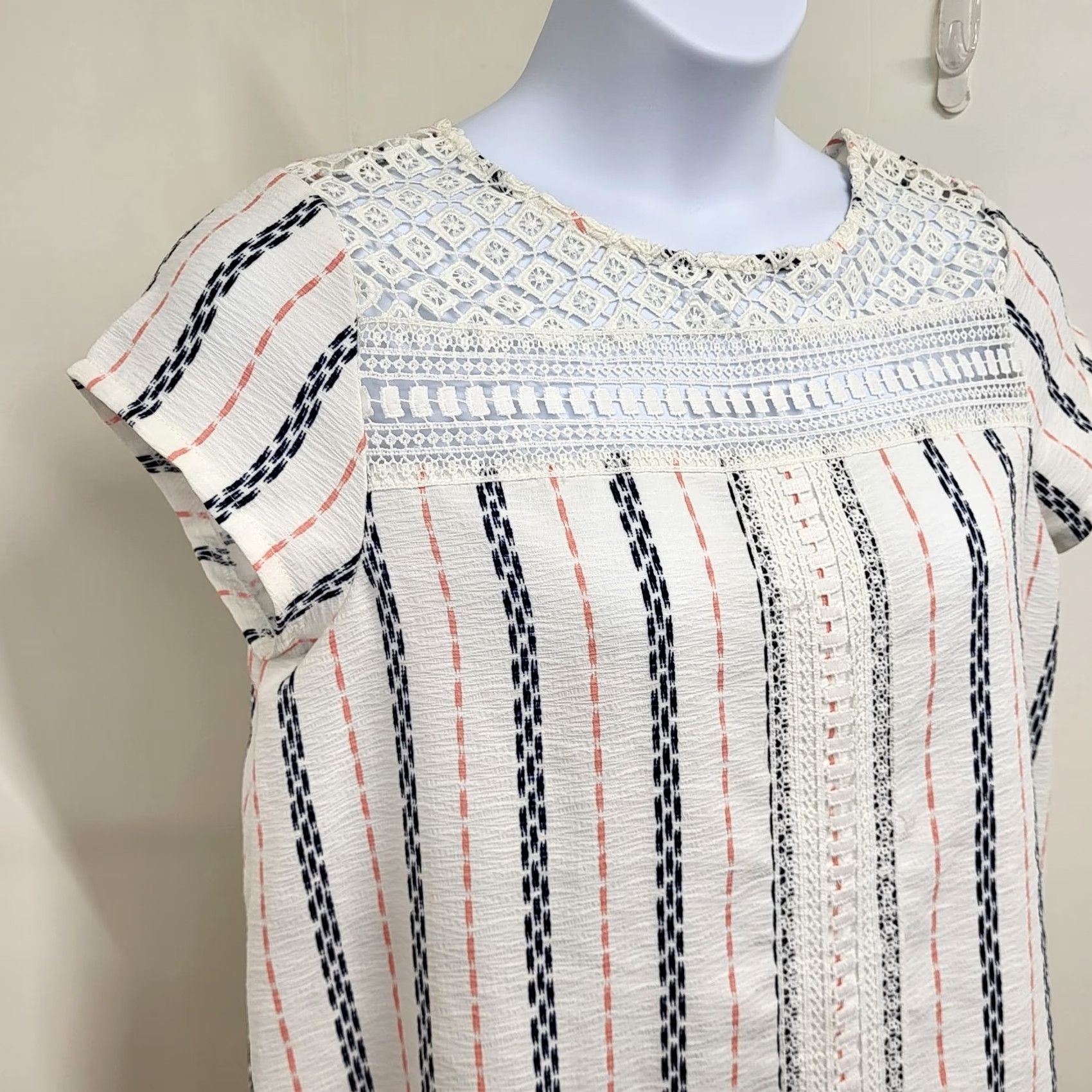 Vintage Xhilaration Dress Women's XL Red White Blue Vertical Striped Lace Trimmed Casual Short Sleeve Size XL / US 12-14 / IT 48-50 - 6 Thumbnail