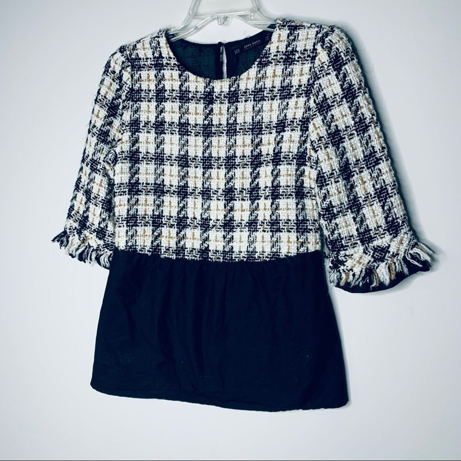 Zara Zara Tweed Houndstooth Peplum Top Fringe Trim Blouse Size US XS / EU 42 / 0 - 4 Thumbnail