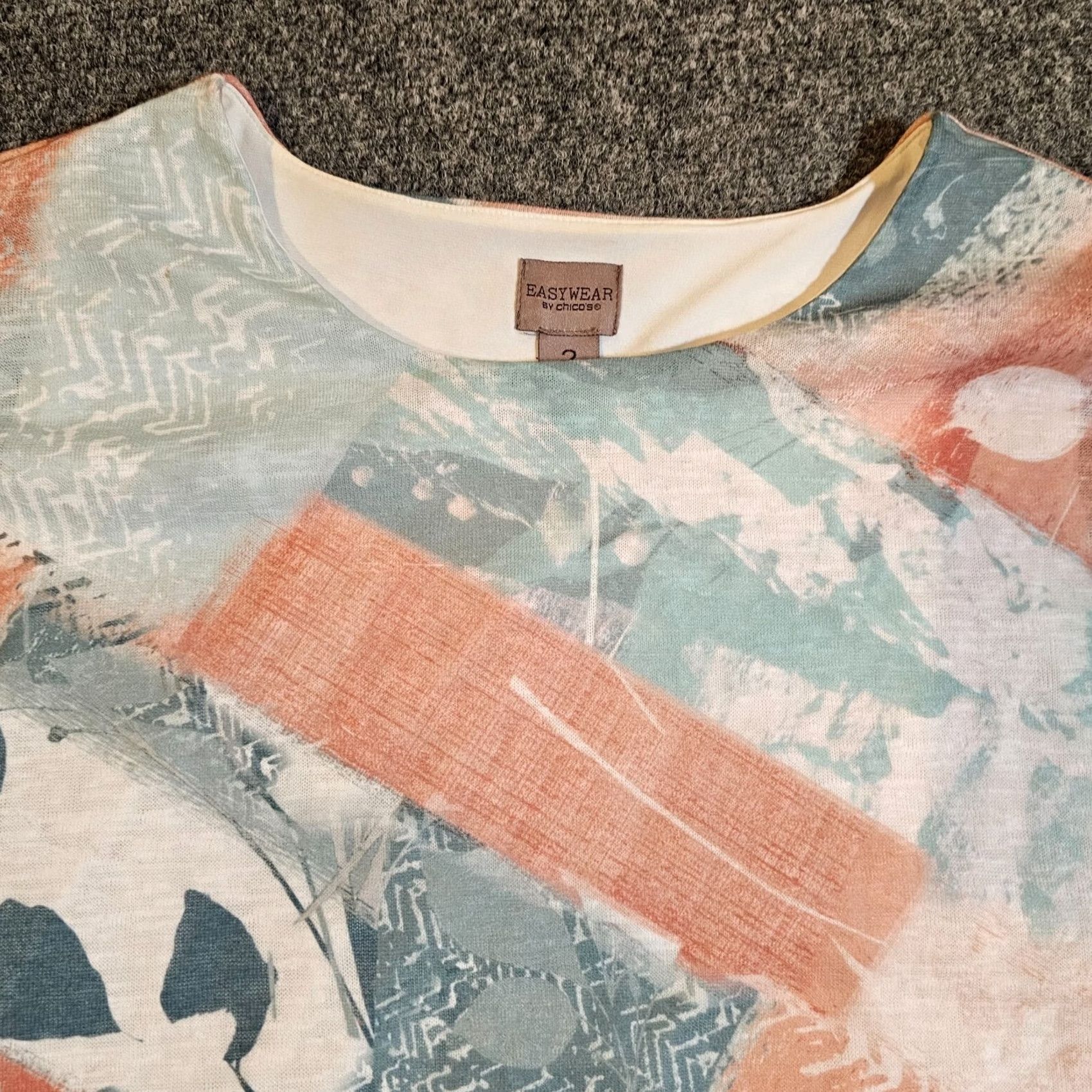 Vintage Chicos Blouse Shirt Womens Large White Blue Abstract Stretch Flowy Casual Knit Cotton Short Sleeve Round Neck Pullover" Size L / US 10 / IT 46 - 2 Thumbnail