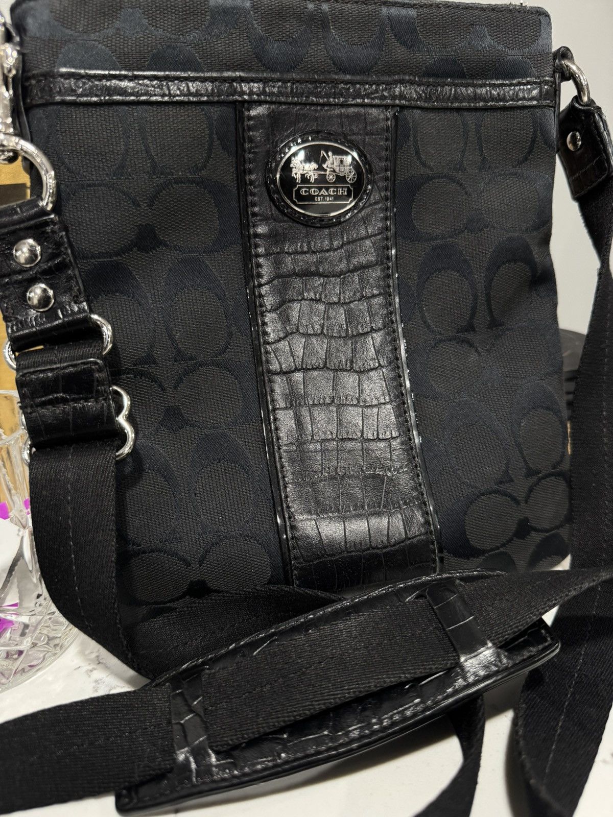 Coach Coach Black Signature Monogram Crossbody Bag w/ Croc Trim Size ONE SIZE - 4 Thumbnail