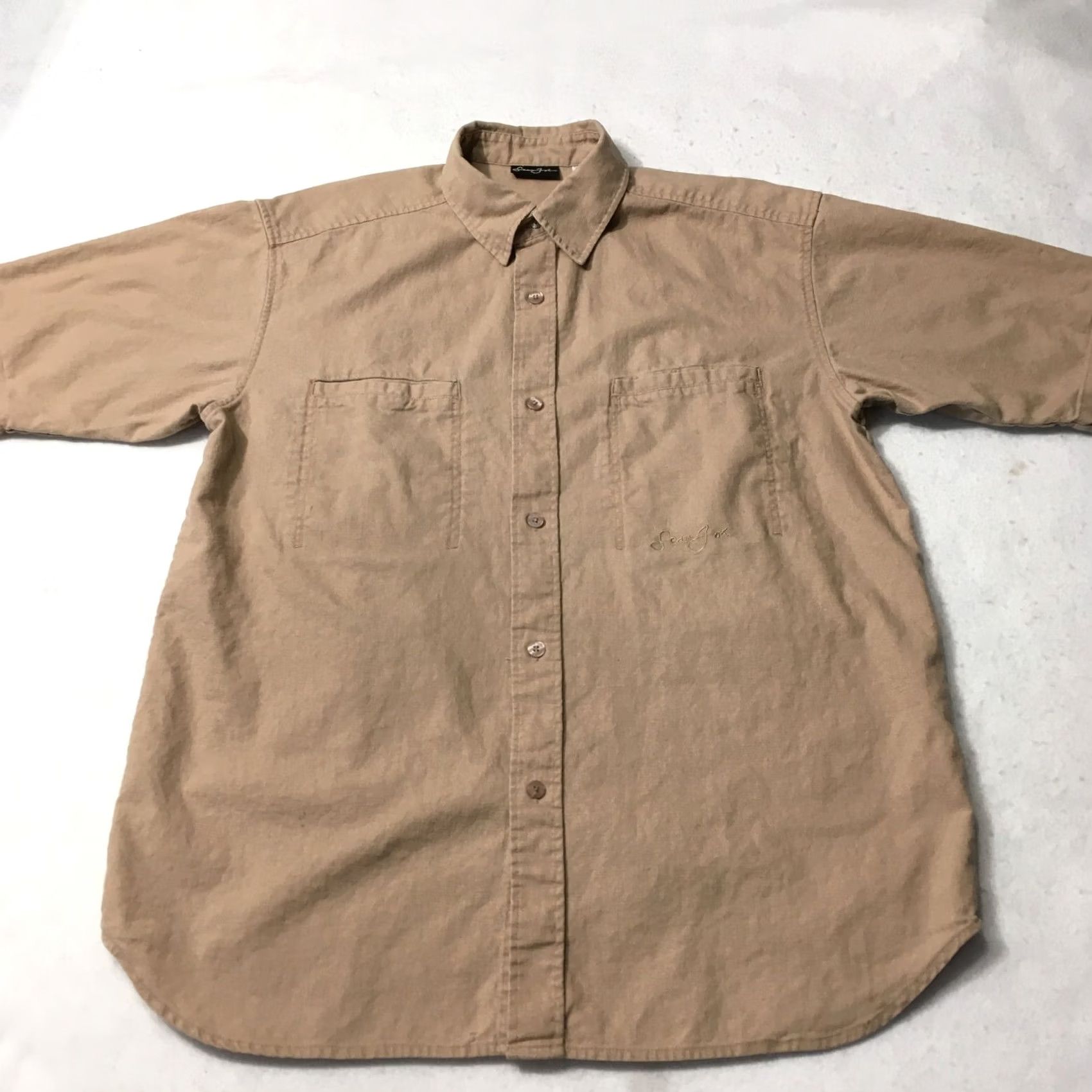 Sean John Sean John Mens Shirt Short Sleeve Button Front Linen Cotton Khaki Canvas Beige Size US M / EU 48-50 / 2 - 2 Thumbnail