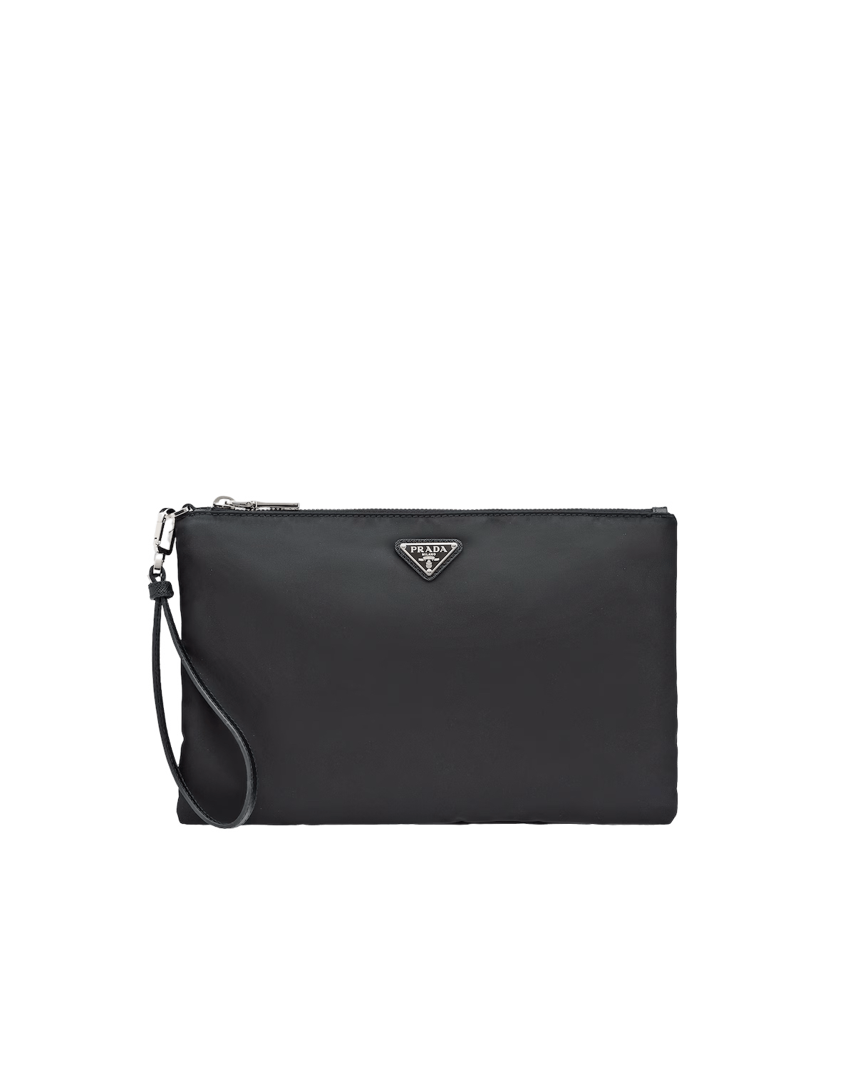 PRADA $895 Black Re-Nylon Saffiano Leather Pouch New