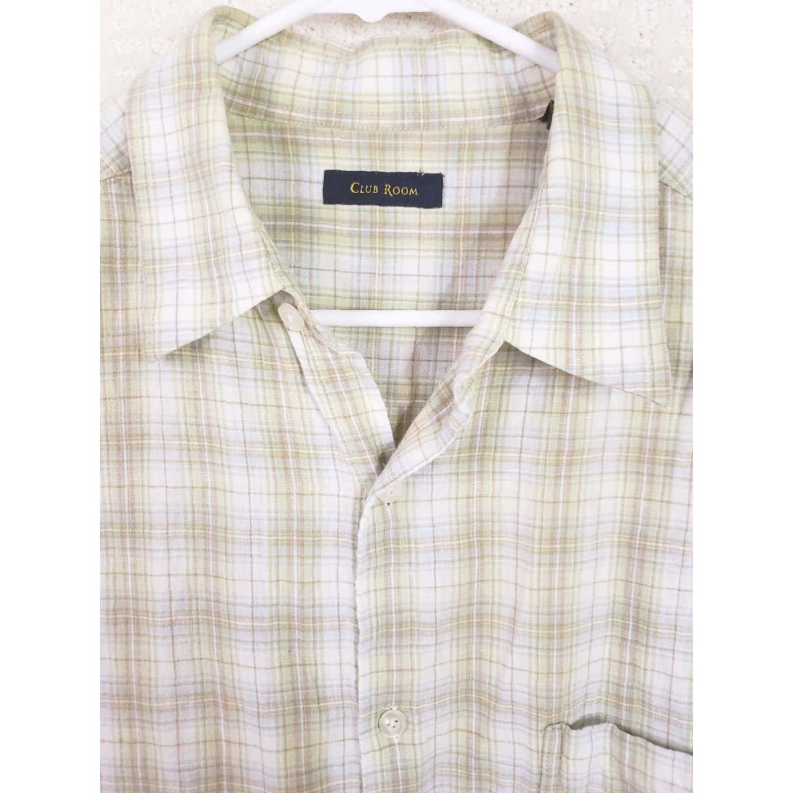 Club Room Club Room Shirt Mens L Green Beige White Short Sleeve Button Front Linen Blend Plaid Pocketed Casual Classic 90s Size US L / EU 52-54 / 3 - 4 Thumbnail