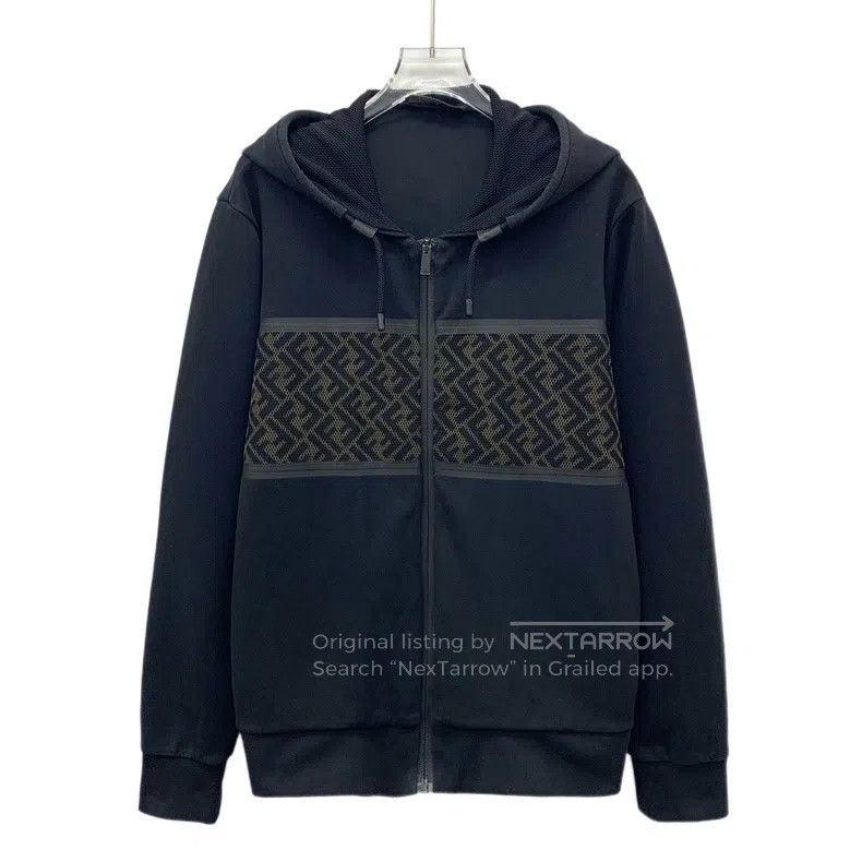 Fendi Black Logo Monogrammed Cotton Hooded Drawstring Zipp