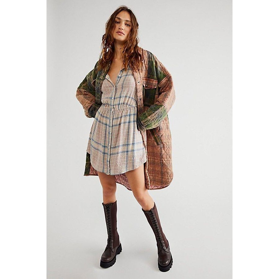 Free People New Free People Elai Plaid Shirtdress $148 X-SMALL Ivory Size XS / US 0-2 / IT 36-38 - 1 Thumbnail
