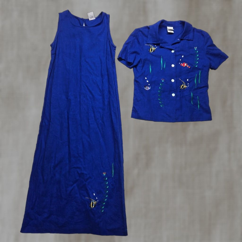 Vintage VINTAGE Carolina Colours Fish Floral Linen Rayon Dress 2 Pc Button Jacket Women Adult Size 10 Blue Size L / US 10 / IT 46 - 1 Thumbnail