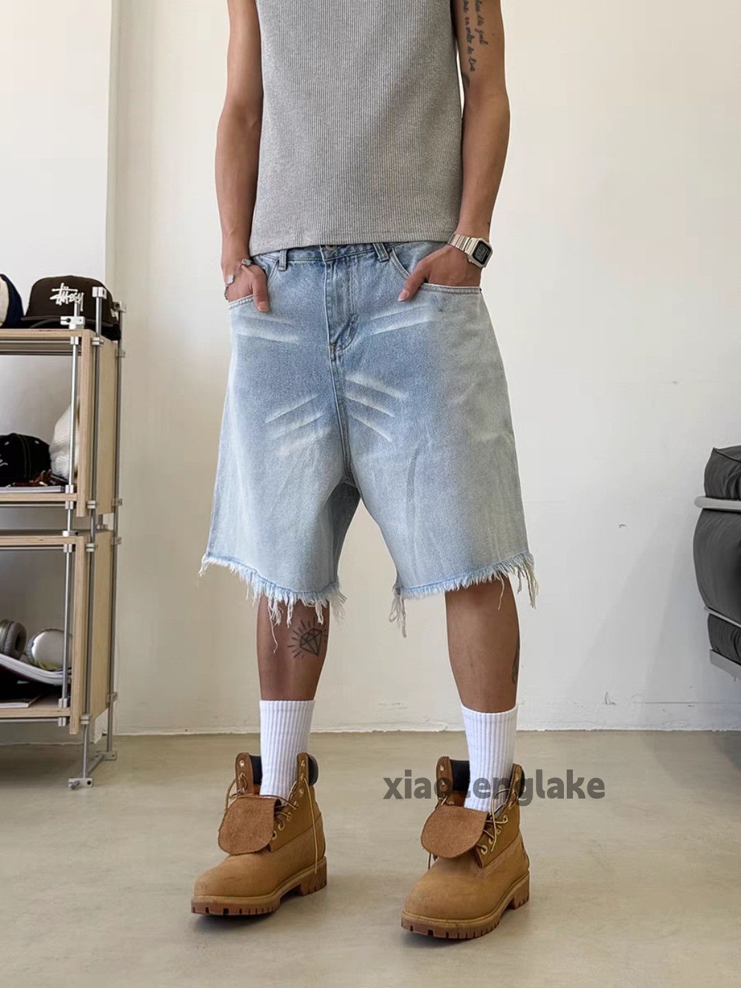 Designer Unisex washed faded loose baggy skate hiphop shorts Size US 34 / EU 50 - 2 Thumbnail