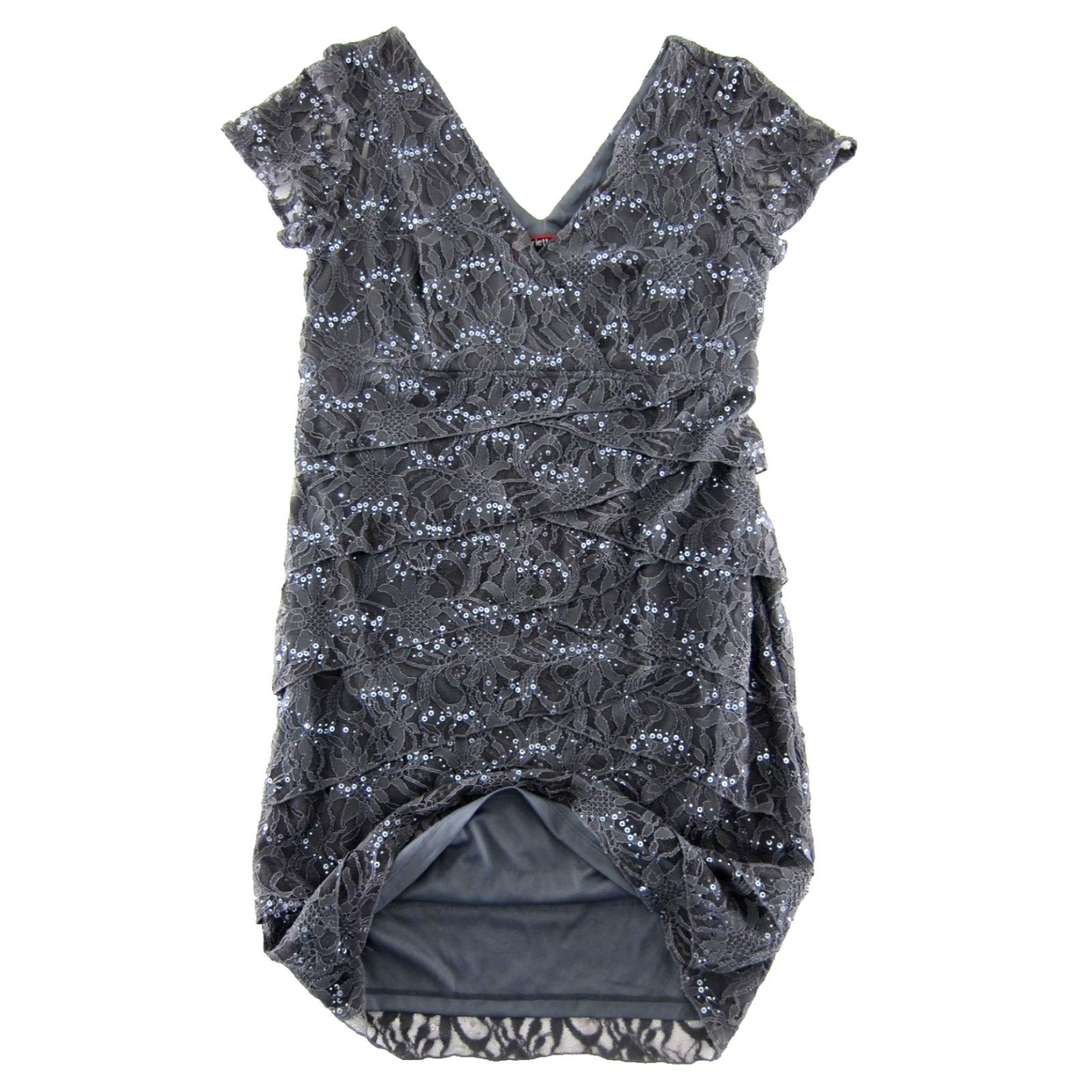 Vintage Scarlett Dress NWT Floral Lace Stretch Sequin Short Sleeve V-Neck Tiered Gray 16 Womens Dress Size 38" / US 16 / IT 52 - 4 Thumbnail