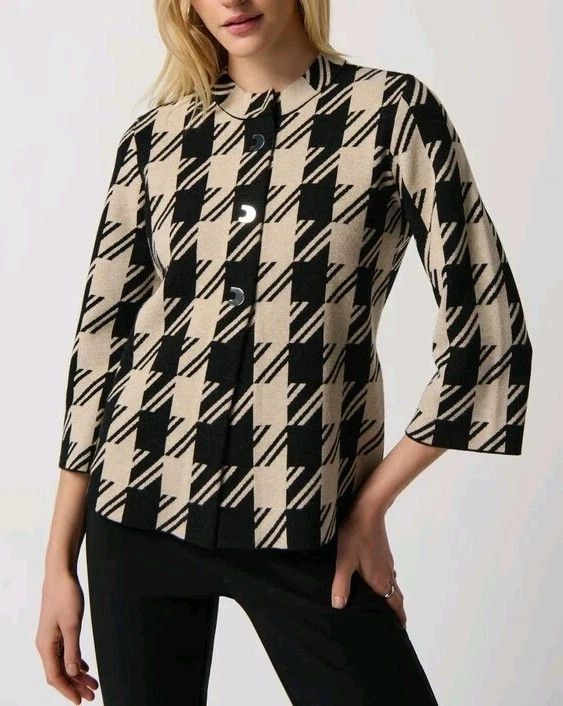 Joseph Ribkoff Cardigan Black & Sand Houndstooth Motif Jacket Size S NEW Size S / US 4 / IT 40 - 1 Thumbnail