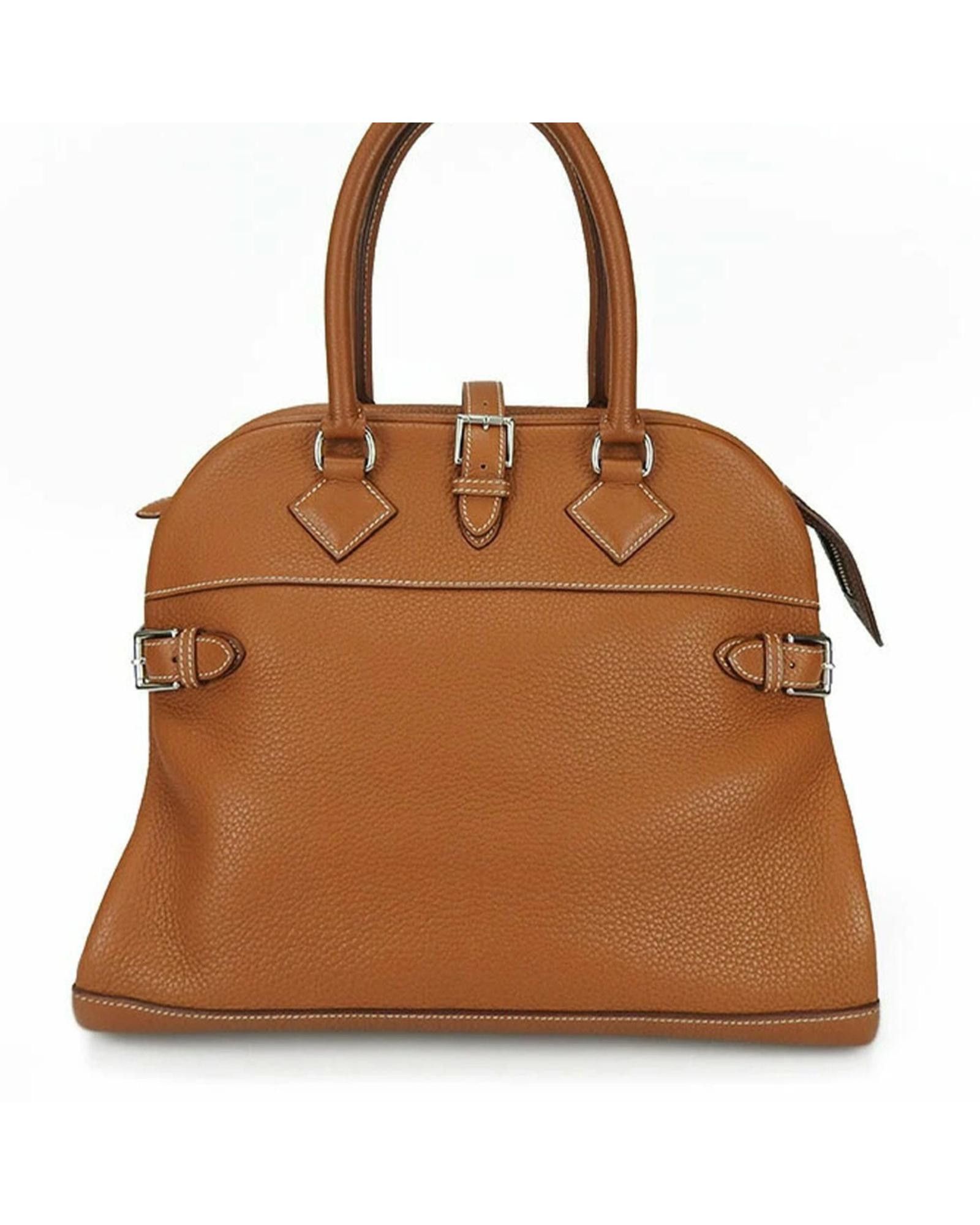 image of Hermes Elegant Gold Leather Handbag With Belt And Zipper Closure, Women's