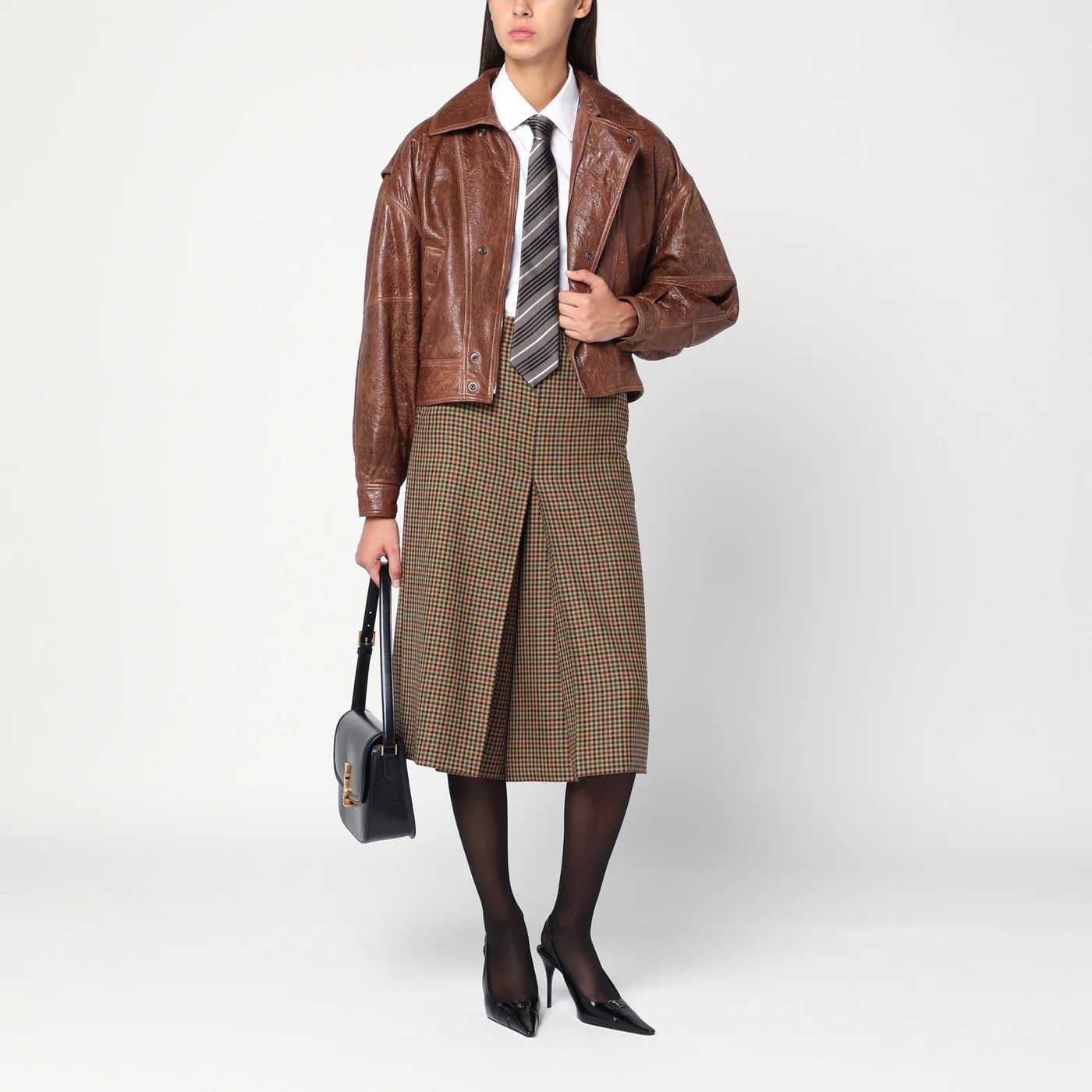 Saint Laurent Paris o1d2blof0526 Checked Wool Skirt in Beige Size 27" / US 4 / IT 40 - 2 Thumbnail