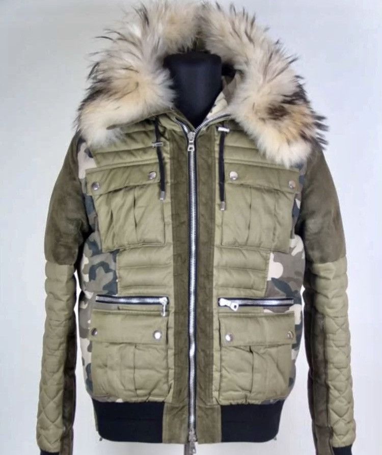 image of Balmain Camouflage Over Pocket Detail Fur Puffer Jacket in Green, Men's (Size Small)