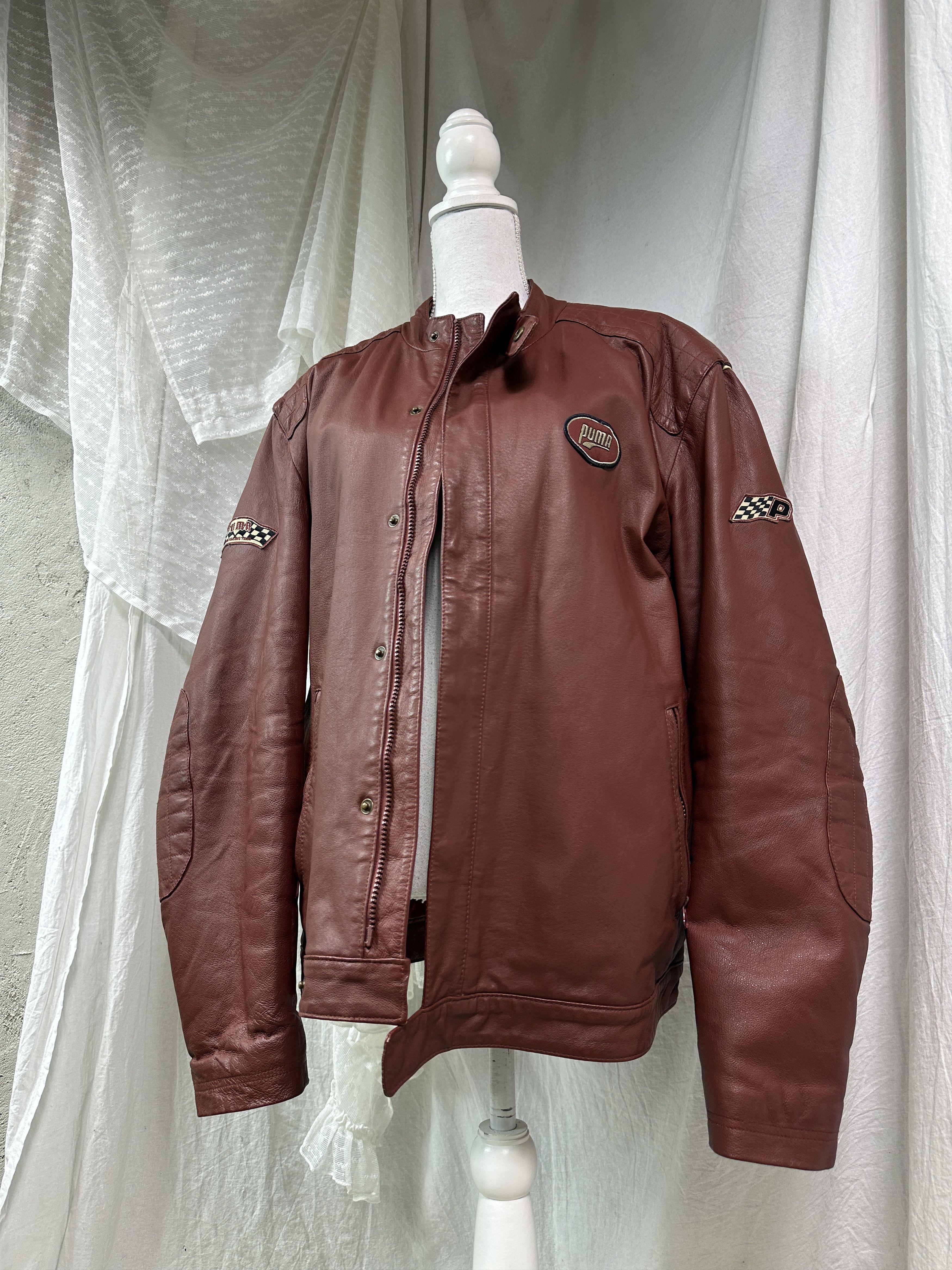 Puma Vintage Leather Biker Moto Burgundy Puma Racing Jacket 00s Size US XL / EU 56 / 4 - 1 Thumbnail